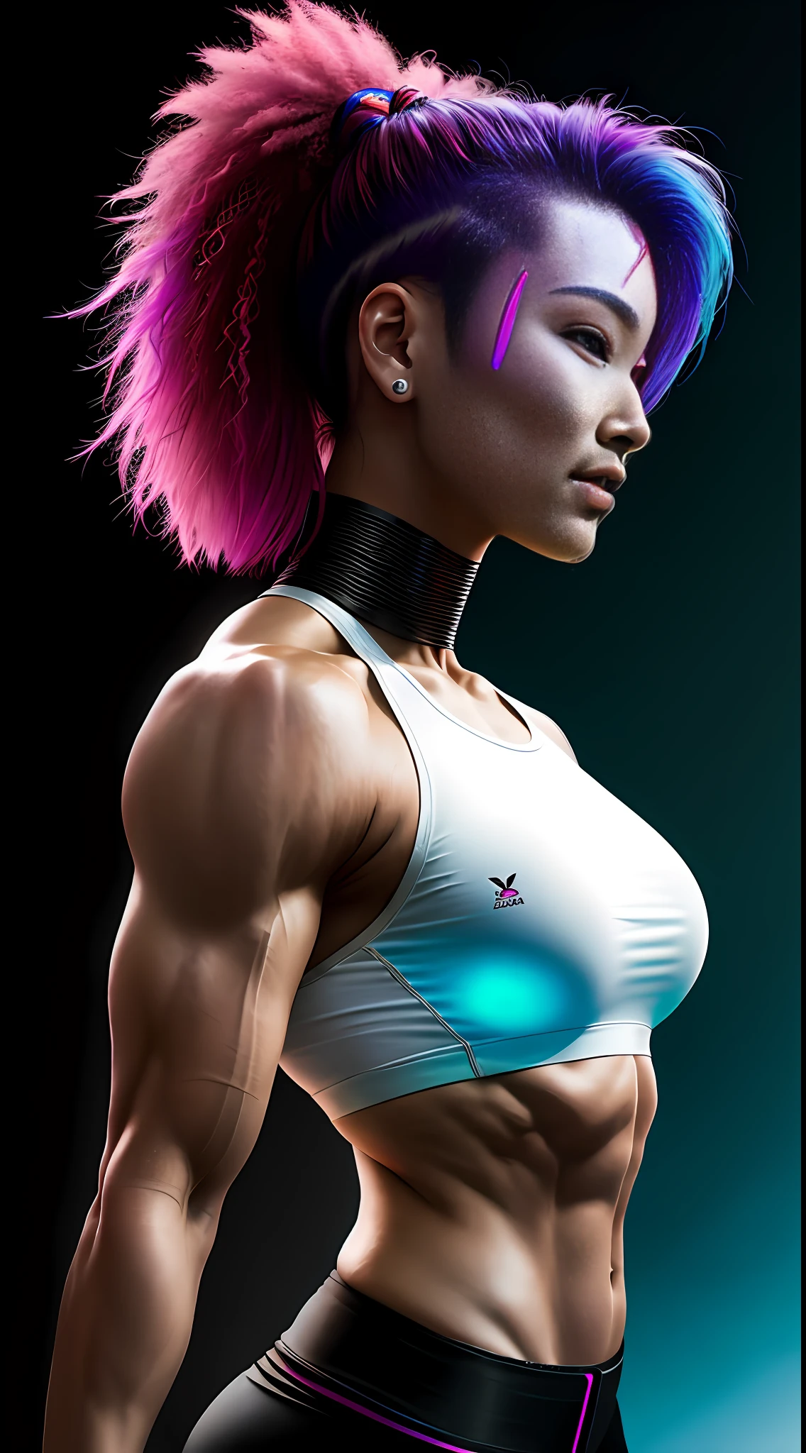 cyberpunk portrait photography, beautiful young Thai woman with colorful hair, bodybuilder physique, seen from the side, looking to the distance, glowing futuristic, smile, wearing white top, smiling, happy, super realistic face, natural skin, soft light, rim light, hips, detailed background, intricate , highly detailed, octane render, HD, 8k, by Annie Leibovitz,120mm