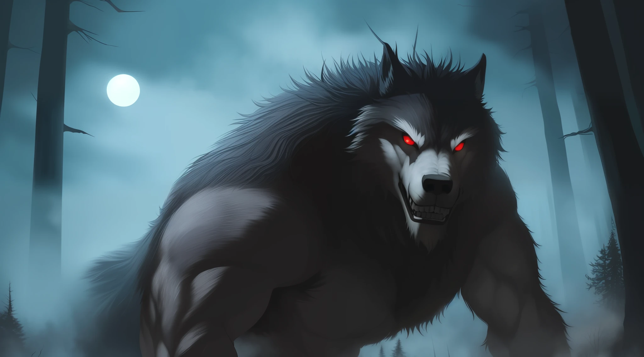 Cold, frozen, ominous, terrifying, creepy, tall, masterpiece, best quality, ((beautifully detailed werewolf))(very detailed CG Unity 8k wallpaper)Studio Ghibli,,surrealism,fog,dark atmosphere,HDR,rainy,intricate details,radiant style,((intricate details)),((naked muscular werewolf)), (male: 2.0), (brunette), (complex), perfect face, ((red eyes)), 8K,(((Horror Dark Forest)))