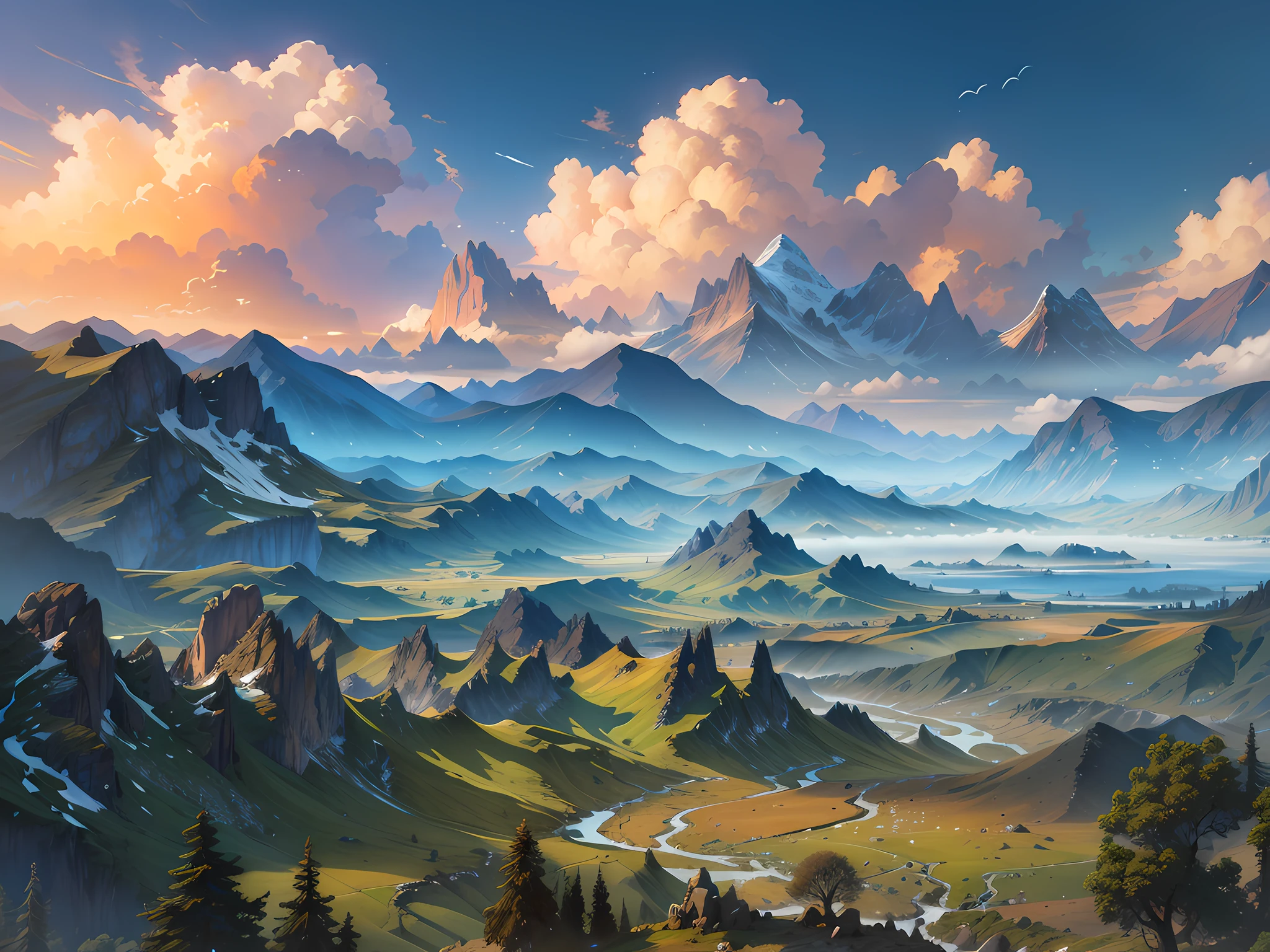 mountains and valleys with a river in the foreground and a cloudy sky, an epic landscape, epic landscape, wlop and rhads, 4k highly detailed digital art, detailed scenery —width 672, most epic landscape, fantasy art landscape, 8k high quality detailed art, detailed landscape, highly detailed landscape, illustration matte painting, detailed painting 4 k