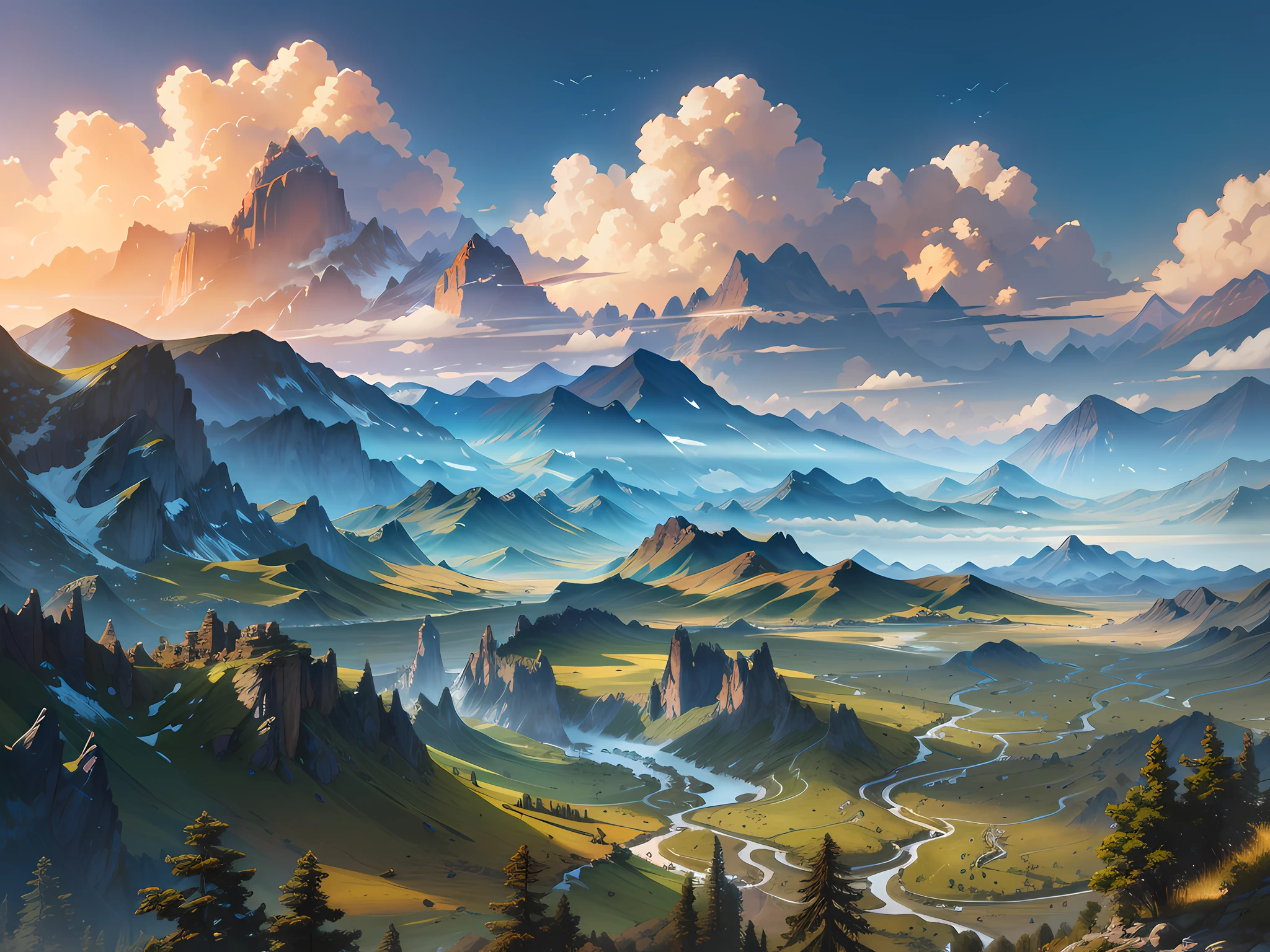 mountains and valleys with a river in the foreground and a cloudy sky, an epic landscape, epic landscape, wlop and rhads, 4k highly detailed digital art, detailed scenery —width 672, most epic landscape, fantasy art landscape, 8k high quality detailed art, detailed landscape, highly detailed landscape, illustration matte painting, detailed painting 4 k