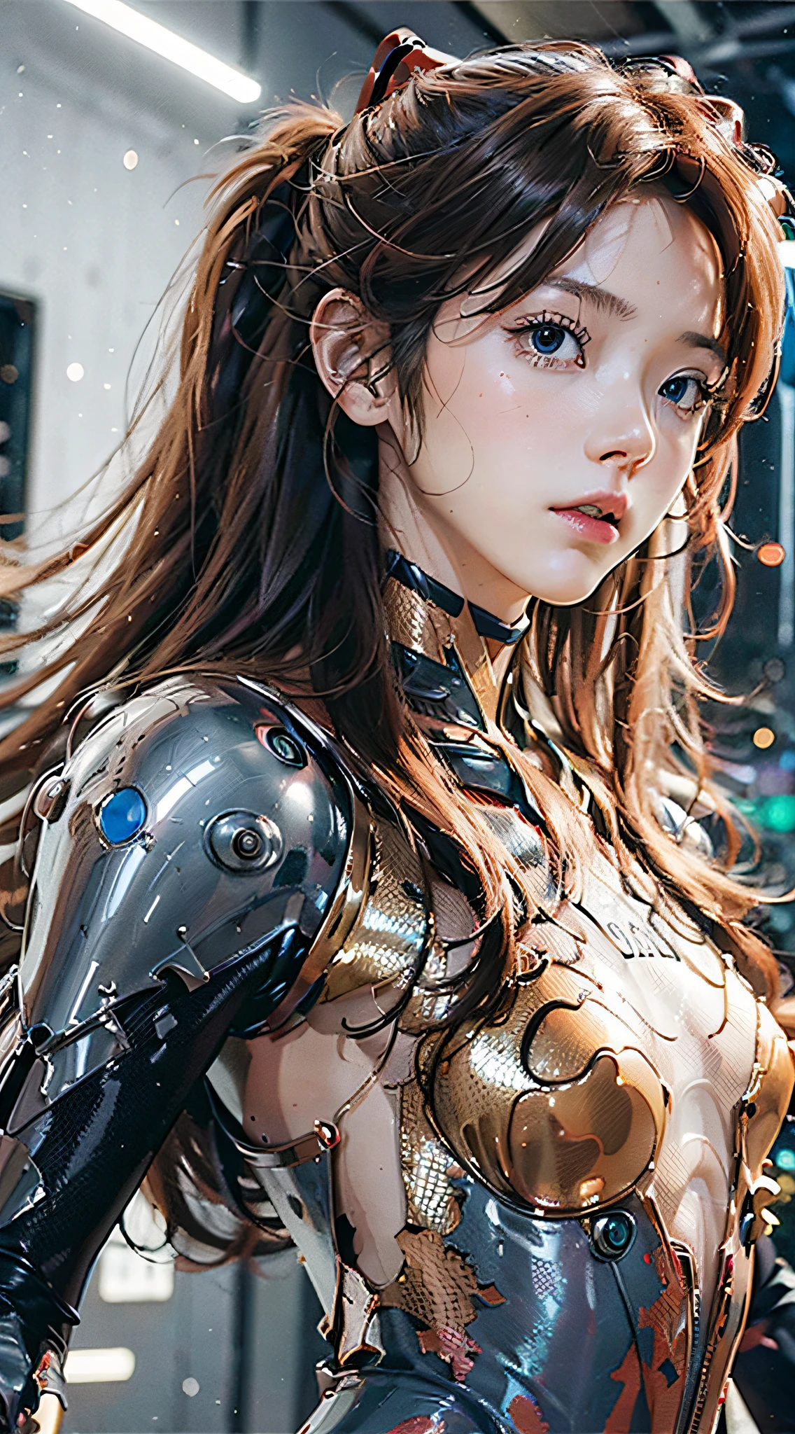 (magazine cover:1.3),ulzzang-6500, (realistic: 1.3) (original: 1.2), masterpiece, best quality, beautiful clean face, fullbody, ((robot girl, mecha)), broken armor, mechanical halo, mechanical arms, white hair, long hair, ceramic body, thigh gap, small breast, cyber background, extreme detailed city, EVA 02,Souryuu Asuka Lanley,明日香,红色紧身衣, 红色乳胶,红色高跟鞋,(translucent body, reflection skin), 8k, best quality, ultra detailed, (hyperrealistic:1.4),
