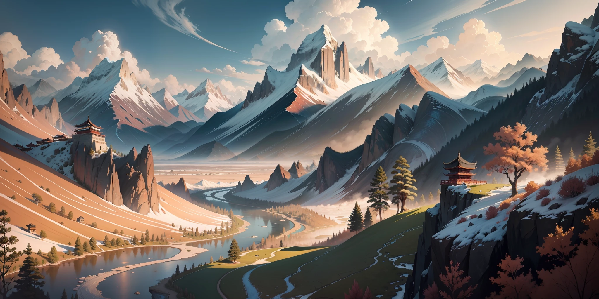 Ancient Chinese landscape, mountains, rivers, auspicious clouds, sunlight, masterpiece, super detail, epic composition, ultra high definition, high quality, extremely detailed, official art, uniform 8k wallpaper, super detail, 32k -- v 6