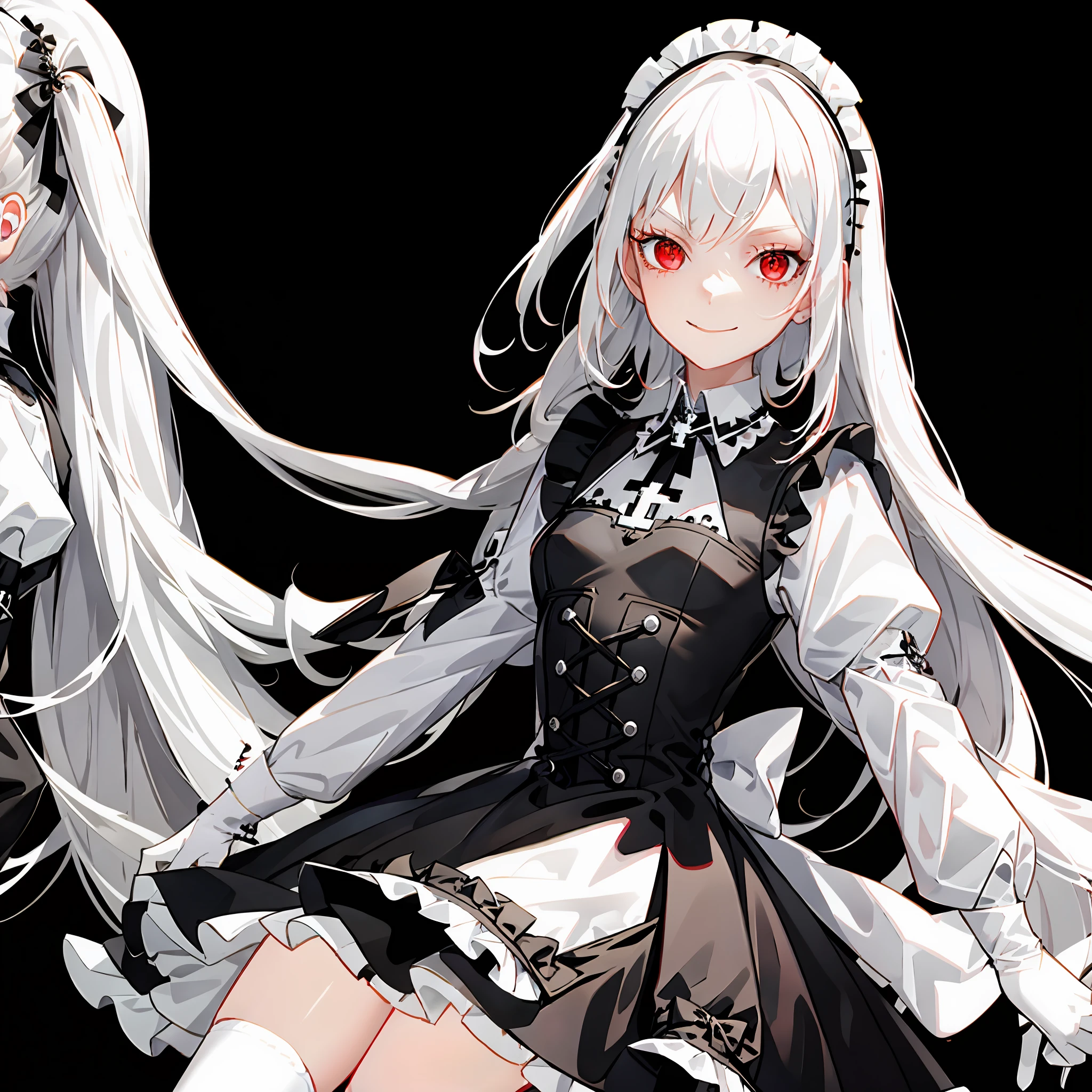 masterpiece, Best Quality, High Resolution, SUI1, 1girl, Solo, Silverhead, Red Eyes, Long Two Side Up Hair, Gothic Maid Dress, White Hair, Long Sleeve, Gothic Hair Band, Ribbon, Black Dress, Cowboy Shot,