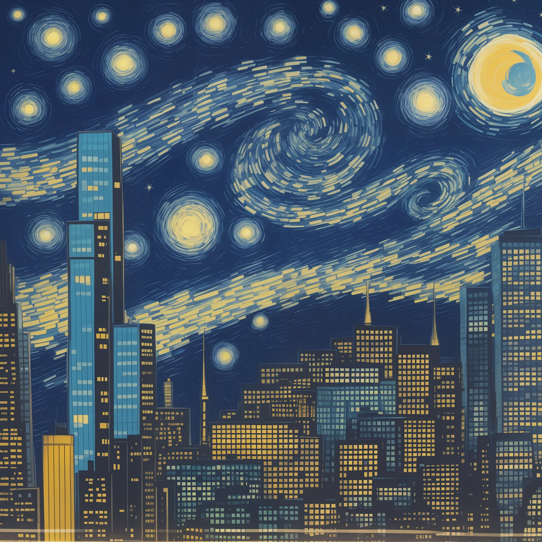 Title: "City of Dreams Under the Starry Night"

Description: Your task is to create a digital painting that depicts a vibrant and bustling modern city, shrouded in the magic and serenity of Van Gogh's iconic "Starry Night" in the background. The city should be a portrait of contemporary architecture, with towering skyscrapers, bright lights and a pulsating atmosphere. Van Gogh's starry night must stretch majestically above the city, enveloping it in a cloak of mystery and charm.

Tips to capture the essence of the modern city:

Choose a vibrant and contrasting color palette to represent the energy of the city at night.
Highlight the silhouettes of the skyscrapers, detailing their unique architectural forms and the reflections of light on the glass facades.
Include elements that symbolize hectic urban life, such as cars speeding, people walking on sidewalks, and restaurants with outdoor tables full of life.
Explore the interplay between shadows and lights, using the flashes of city lights to create a mysterious and seductive atmosphere.
Make sure Van Gogh's starry night is the centerpiece, filling the sky with spirals of stars, moving clouds, and the bright moon.
Remember to use your creativity to harmoniously fuse the modern city with the inspiration of the "Starry Night". Feel free to add small details or surreal elements that can enrich the visual narrative and convey a sense of charm and fascination to the painting's observers. --auto --s2