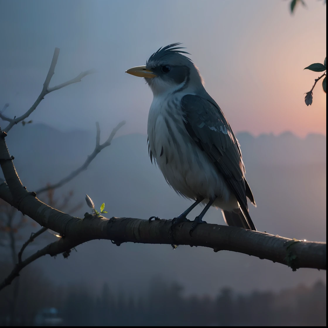 Bird on a branch, dark, dawn, (cold morning: 1.1), (morning dew: 1.15), realistic photography, (low photo: 1.2), detail, 8K, complex folding feathers, water drops on feathers, (to8 contrast style), (MIST: 0.7), bright colors, Sony a6600 mirrorless camera, decoration 2 --v 6