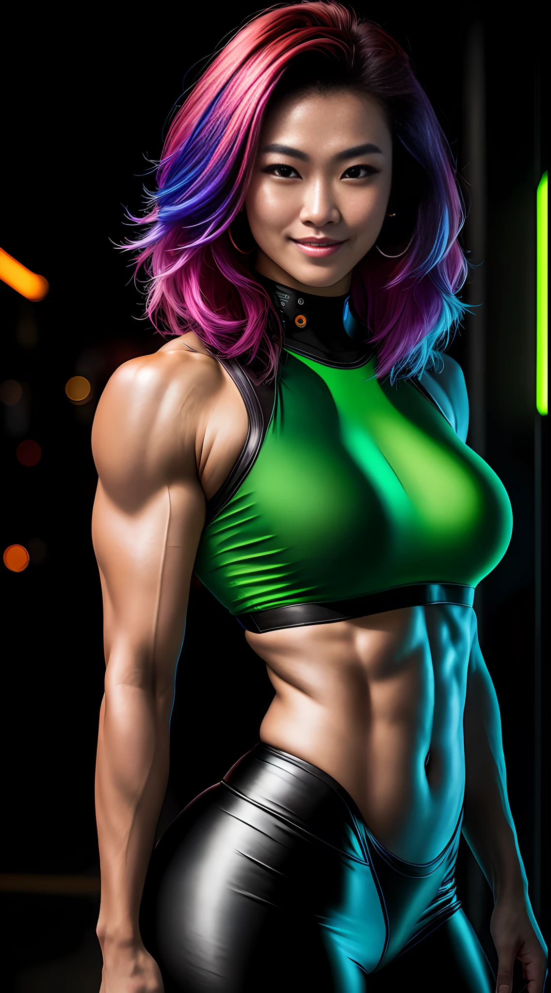 cyberpunk portrait photography, beautiful young thai woman with colorful hair, bodybuilder physique, looking away from the camera in glowing futuristic, smile, wearing green top, smiling, happy, super realistic face, natural skin, soft light, rim light, hips, in road side, detailed background, intricate , highly detailed, octane render, HD, 8k, by Annie Leibovitz,120mm