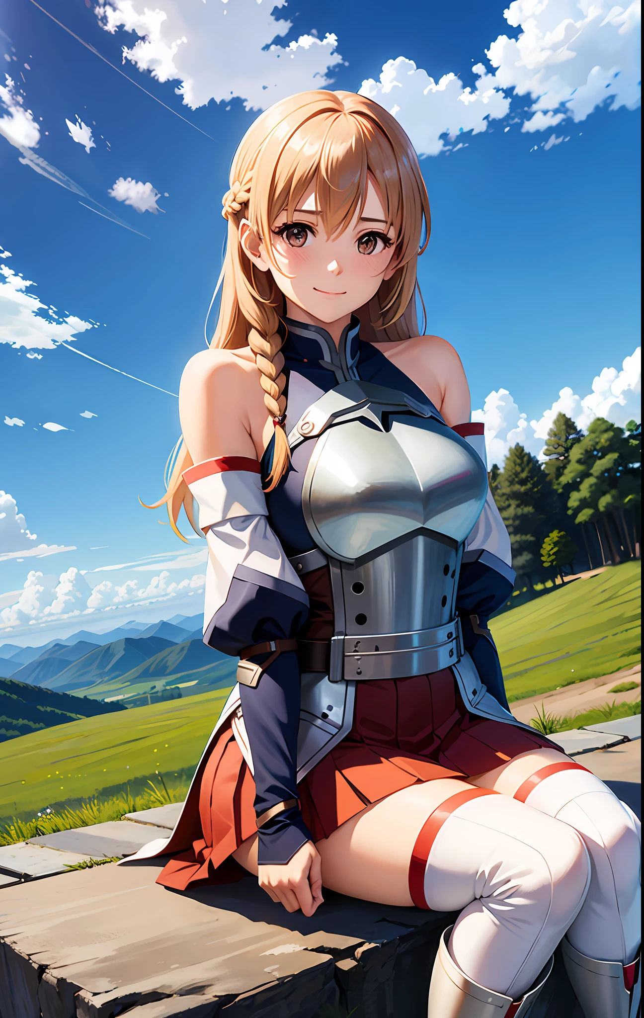 1girl, armor, asuna_\(sao\), bangs, bare_shoulders, blue_sky, blush, boots, braid, breastplate, breasts, brown_eyes, closed_mouth, cloud, cloudy_sky, day, detached_sleeves, grass, hair_between_eyes, long_hair, looking_at_viewer, mountain, outdoors, rock, sitting, skirt, sky, smile, solo, thighhighs, very_long_hair