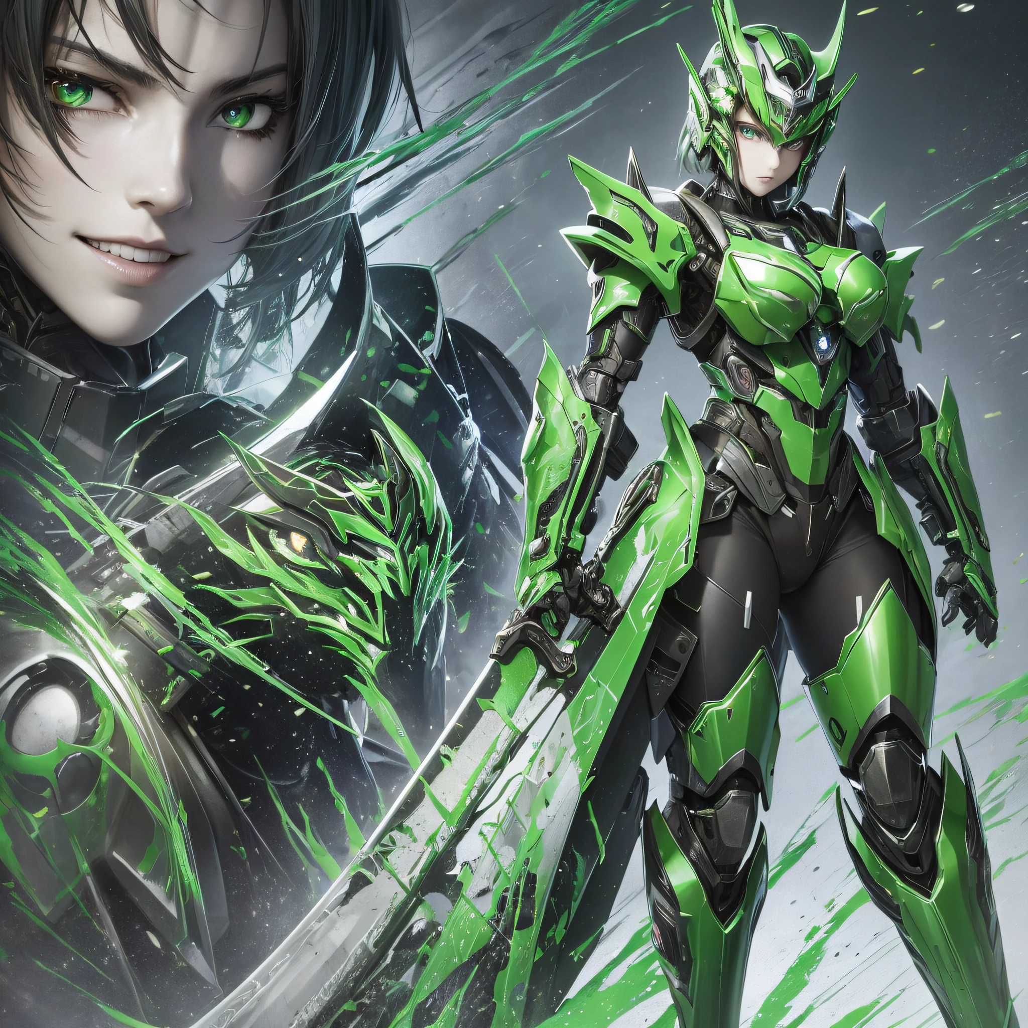 Green paint, close-up portrait of a person in costume with a sword, cyber japan style armor, cyber japan armor, guyver style, girl in armor, monster hunter armor, full body mecha suit, perfect anime cyborg woman, cyborg noble woman, mecha cyber armor girl, detailed full body concept, female armor, anime character. Full Body Art --auto --s2