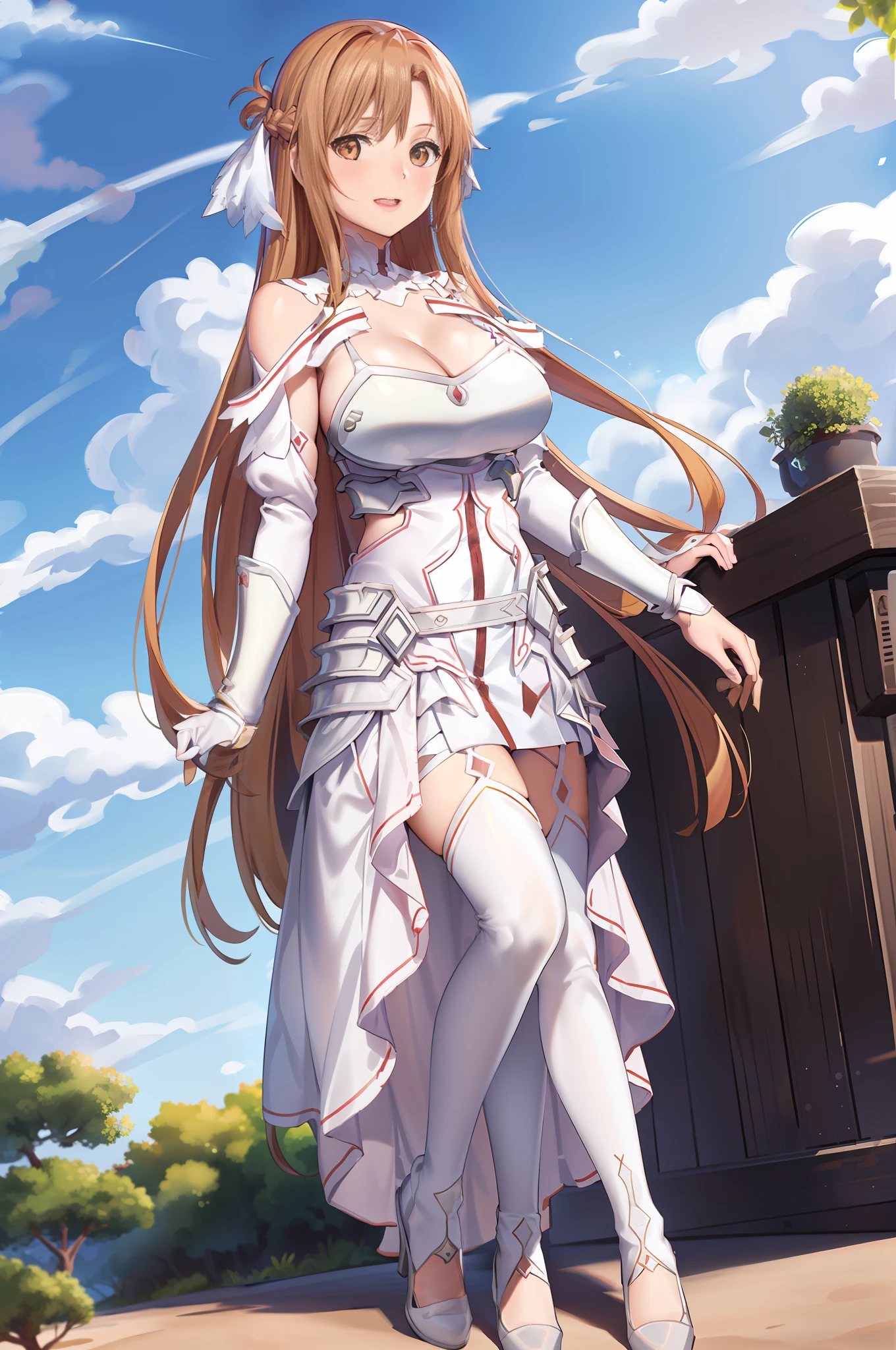 stacia, asuna, asuna_\(sao\), 1girl, (sexy pose:1.4), fantasy, highres,  looking_away, looking_to_the_side,  original, realistic,  scenery,  close_up, upper_body, (draw sword:1.5), smiling, solo, (potruding nipple:1.2), long hair, (huge breasts:1.3), looking at viewer, smile, open mouth, bangs ,detailed eyes, beautiful background, (summer, beach), hands on the chest, orange hair, thighhighs, gloves, dress, (cleavage:1.4), bare shoulders, brown eyes, very long hair, standing, (full body:1.5), white gloves,  white dress, armor, white thighhighs, garter straps, breeze, white armor,  abec, nsfw