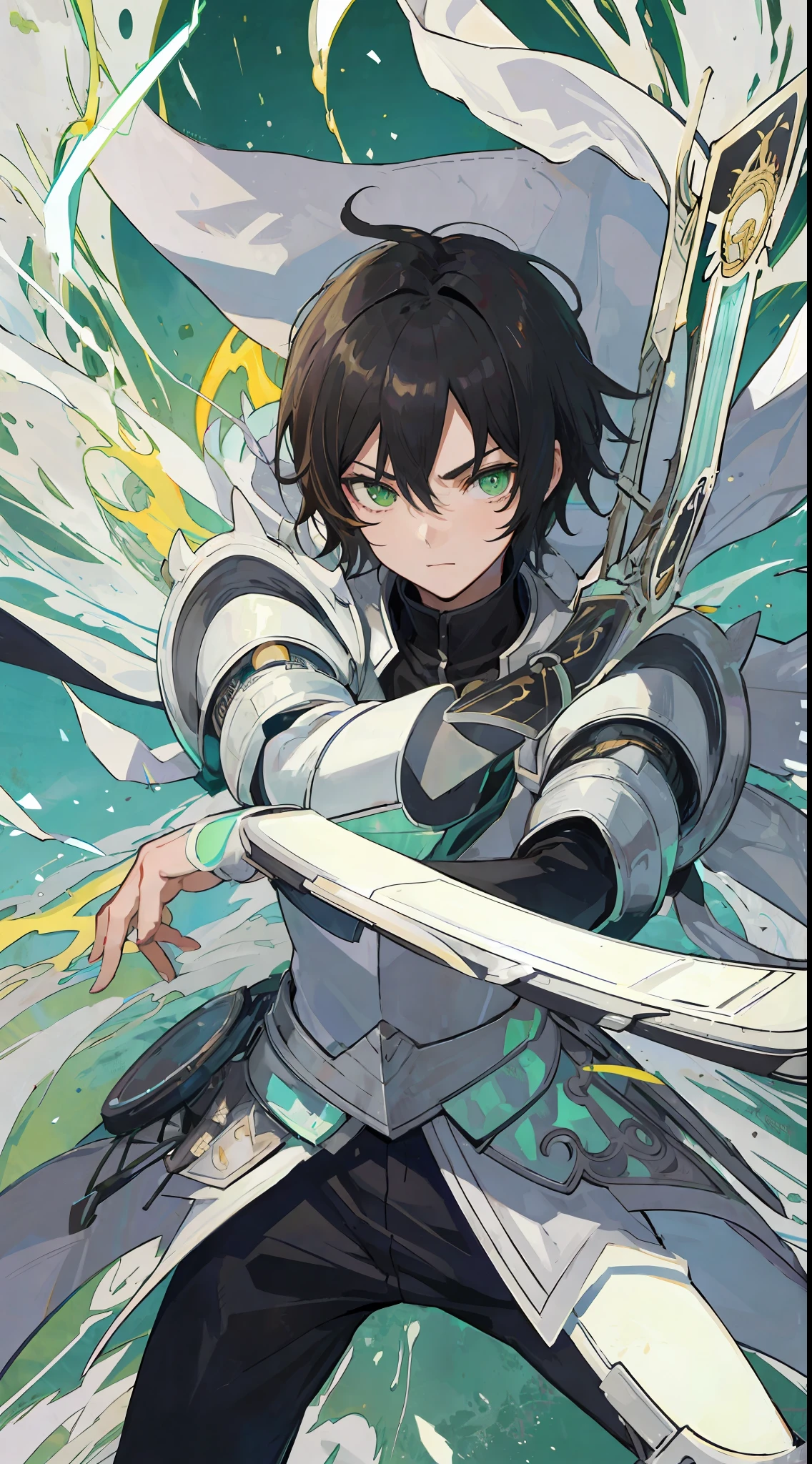 1Man, short black hair, fiery green eyes, wears a white armor, he's elementary wind, make it like tarot anime-style but no frame