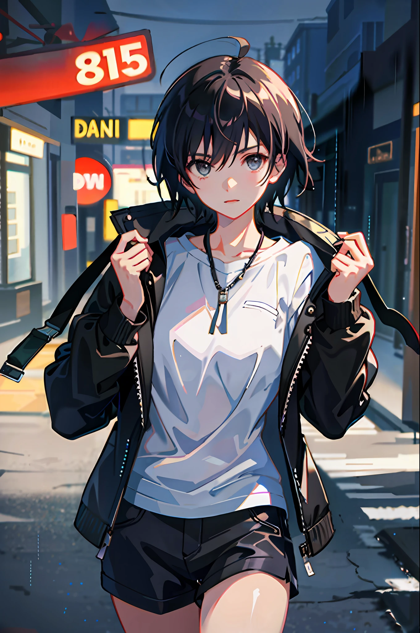 1 girl, jacket, sexy, cool, rain, outdoors, moonlight, ass, de s, hoodie, open jacket, chain, backpack, look at another, mature, messy hair, short hair, trending on artStation, 8k resolution, very detailed and anatomically correct, sharp images, digital painting, concept art, Trending on pixiv, Makoto Shinkai's style,