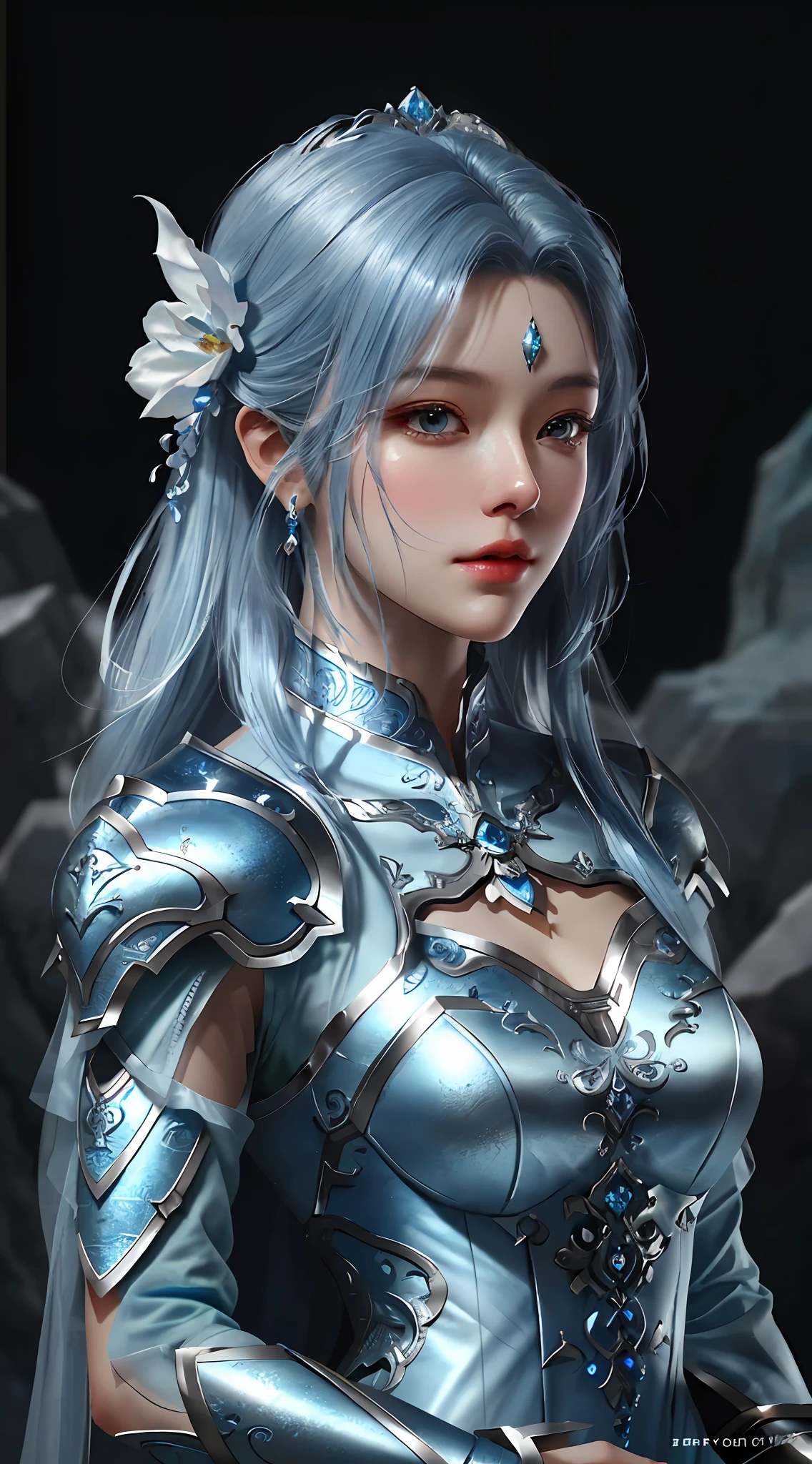 a close up of a woman in a silver and blue dress, chengwei pan on artstation, by Yang J, detailed fantasy art, stunning character art, fanart best artstation, epic exquisite character art, beautiful armor, extremely detailed artgerm, detailed digital anime art, artgerm on artstation pixiv, armor girl