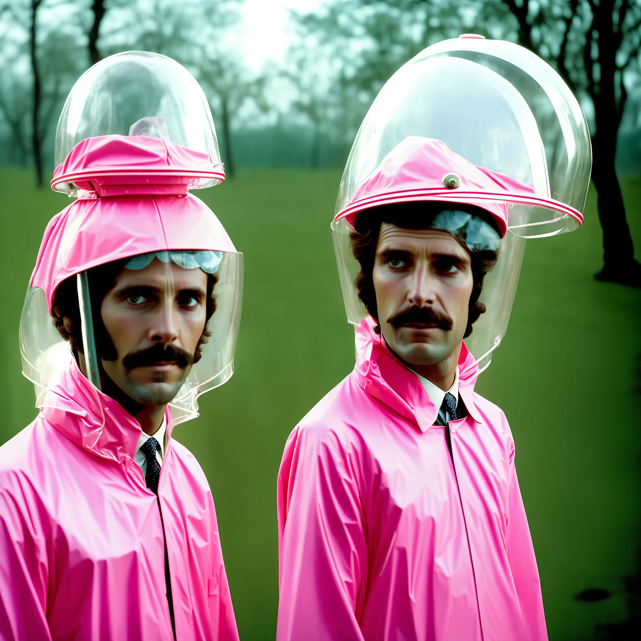 1970s man in suit and raincoat with transparent plastic helmet of pink cap Wes Anderson