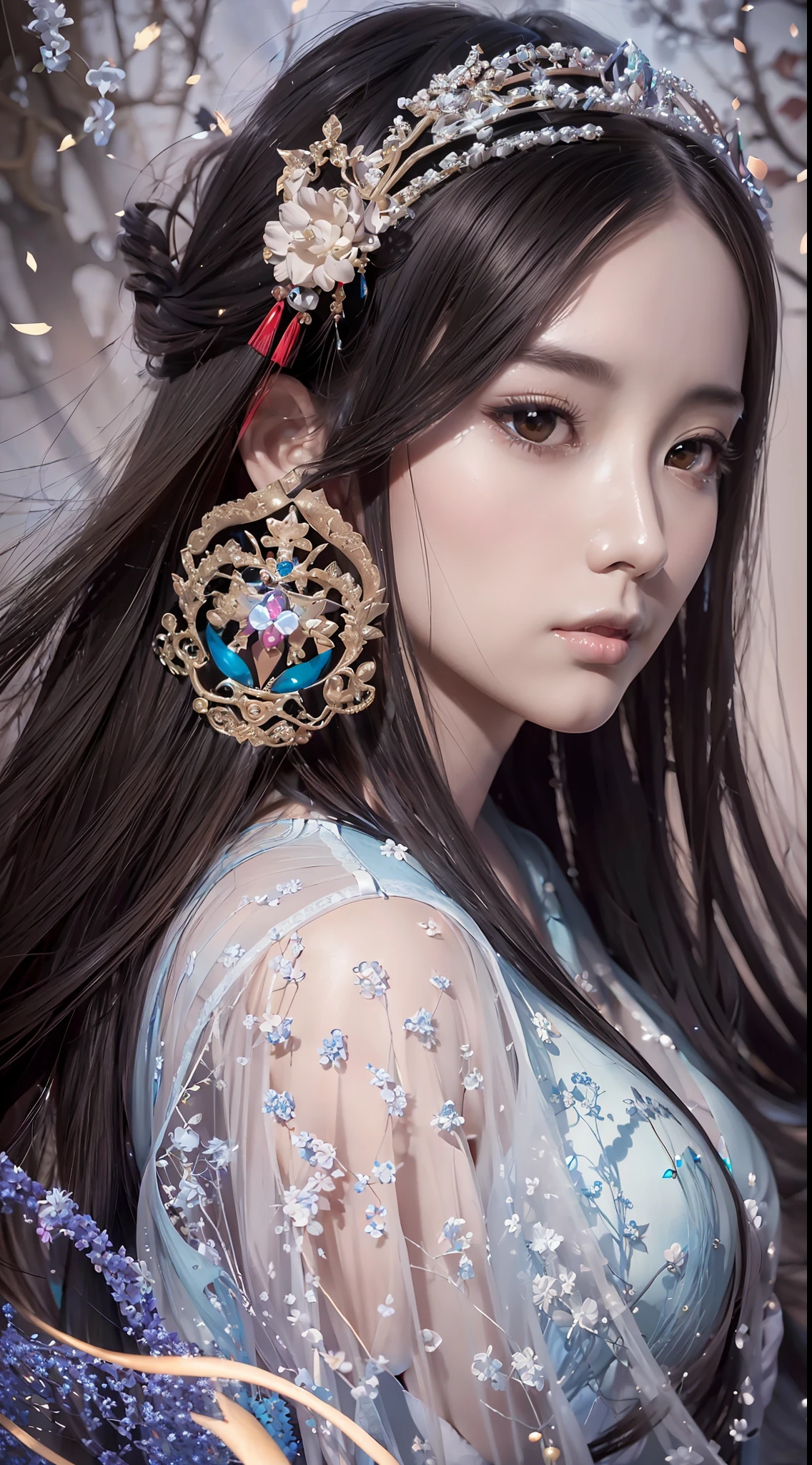 a close up of a woman with long hair wearing a tia, trending on cgstation, artwork in the style of guweiz, beautiful character painting, beautiful digital artwork, ethereal beauty, inspired by Ai Xuan, digital fantasy art ), 8k high quality detailed art, ((a beautiful fantasy empress)), by Li Song, a beautiful fantasy empress