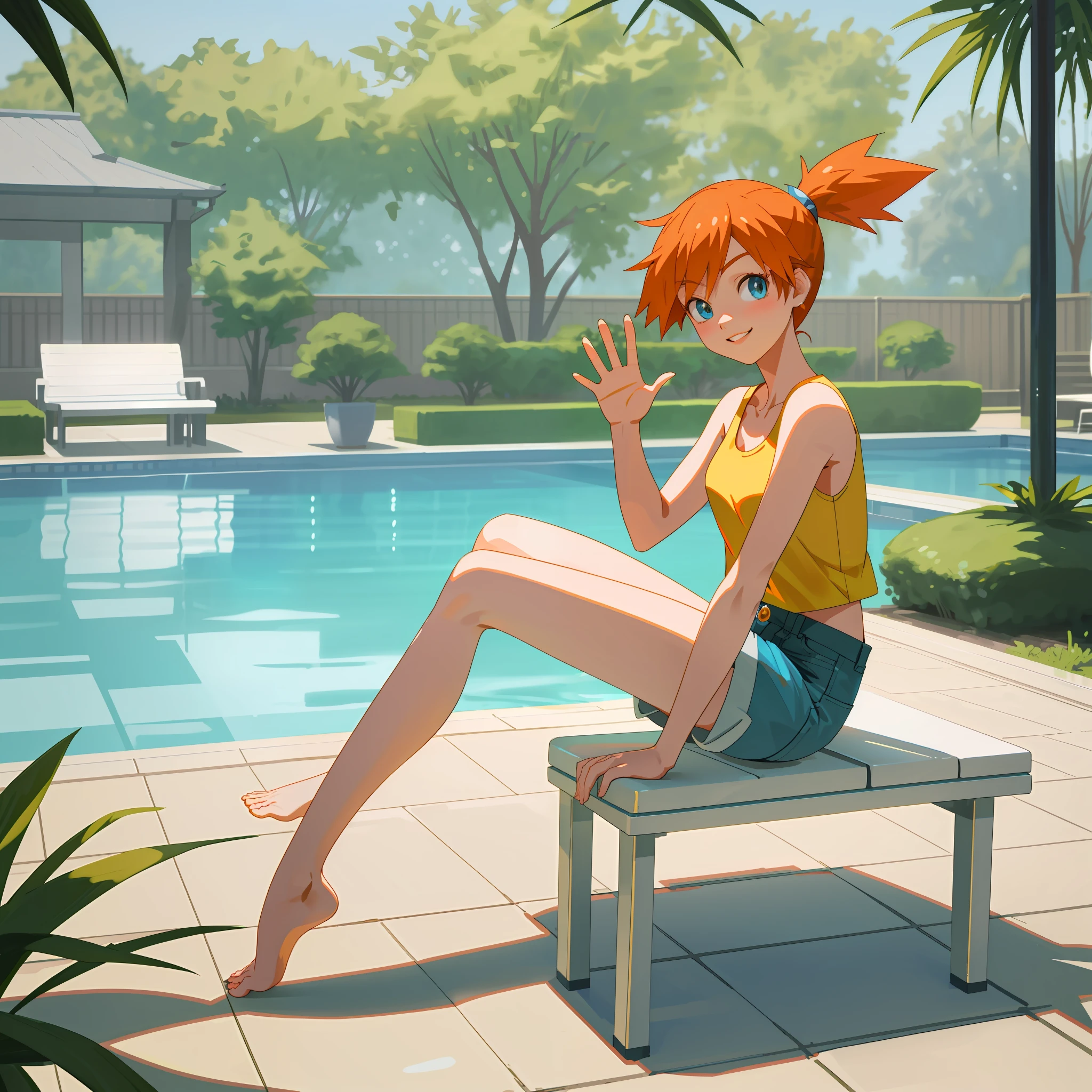 [Misty_(Pokemon)], ((High definition)), ((detailed shading)), ((beautiful solo portrait)), ((full body)), ((raw photo)), ((semi-realistic)), ((anime girl)), ((beautiful 3D art)), {attractive; (orange hair; spiky ponytail), (beautiful blue eyes), (happy smirk; white teeth), yellow tank top, denim short shorts, barefoot, beautiful legs, beautiful feet, curvaceous hips, beautiful lips}, (sitting on white bench; waving at viewer), [background; swimming pool, pool house, sunny, trees