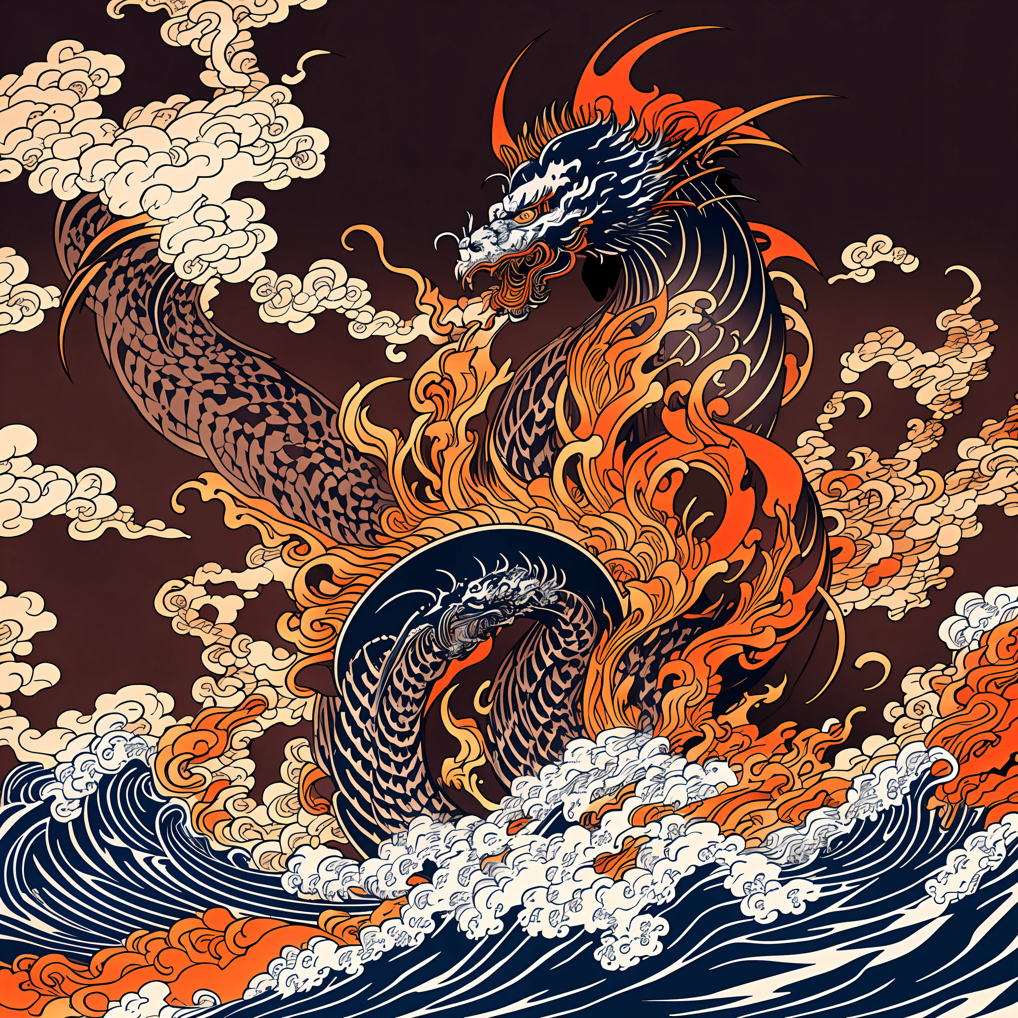 Katsushika Hokusai-style line art design, Hokusai-style dark red, vermilion flame pattern design. Dragon in the shape of a giant flame, in the best quality, masterpiece high resolution ukiyo-e style. Artistic style, 1:1, ukiyo-e style, 3D vector art, Adobe Illustrator, 4K resolution, gorgeous backgrounds only