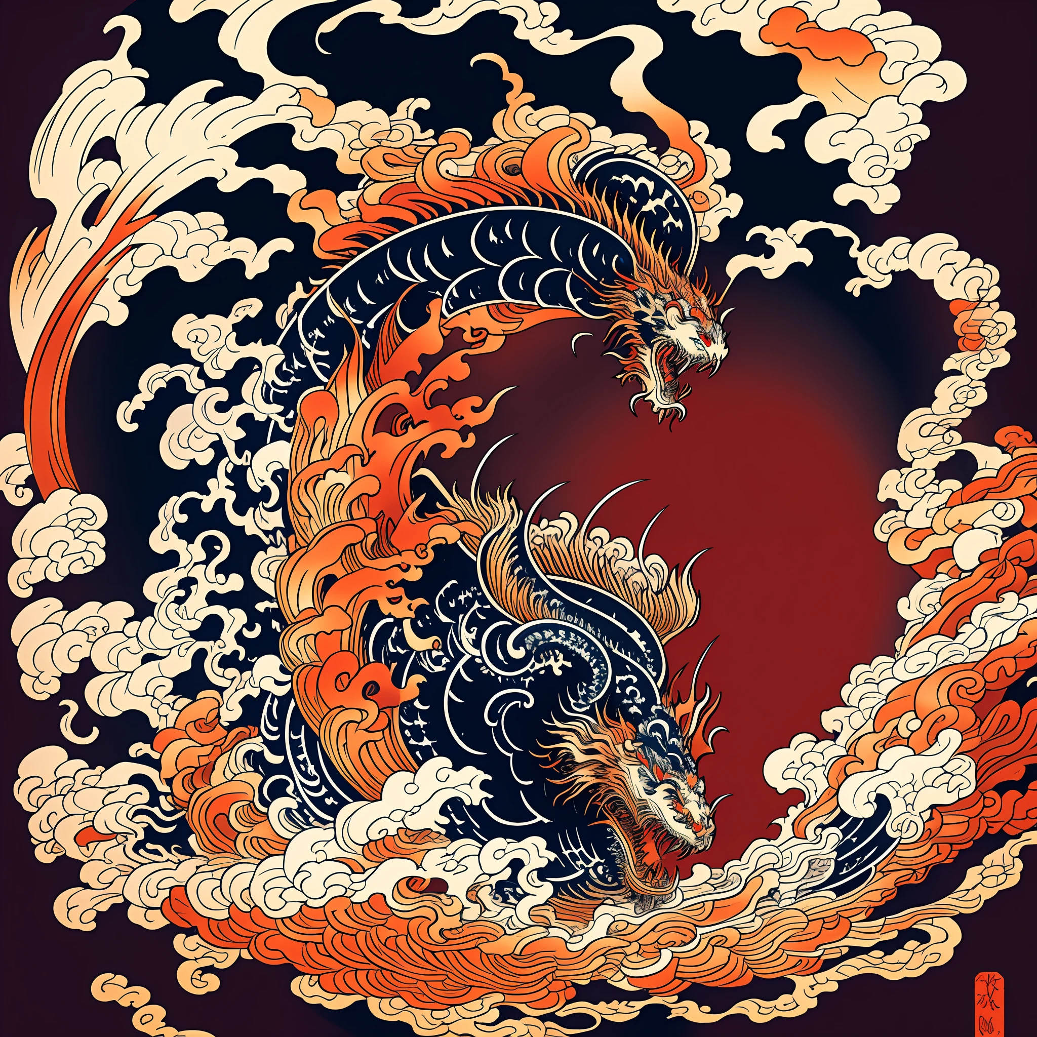 Katsushika Hokusai-style line art design, Hokusai-style dark red, vermilion flame pattern design. Dragon in the shape of a giant flame, in the best quality, masterpiece high resolution ukiyo-e style. Artistic style, 1:1, ukiyo-e style, 3D vector art, Adobe Illustrator, 4K resolution, gorgeous backgrounds only