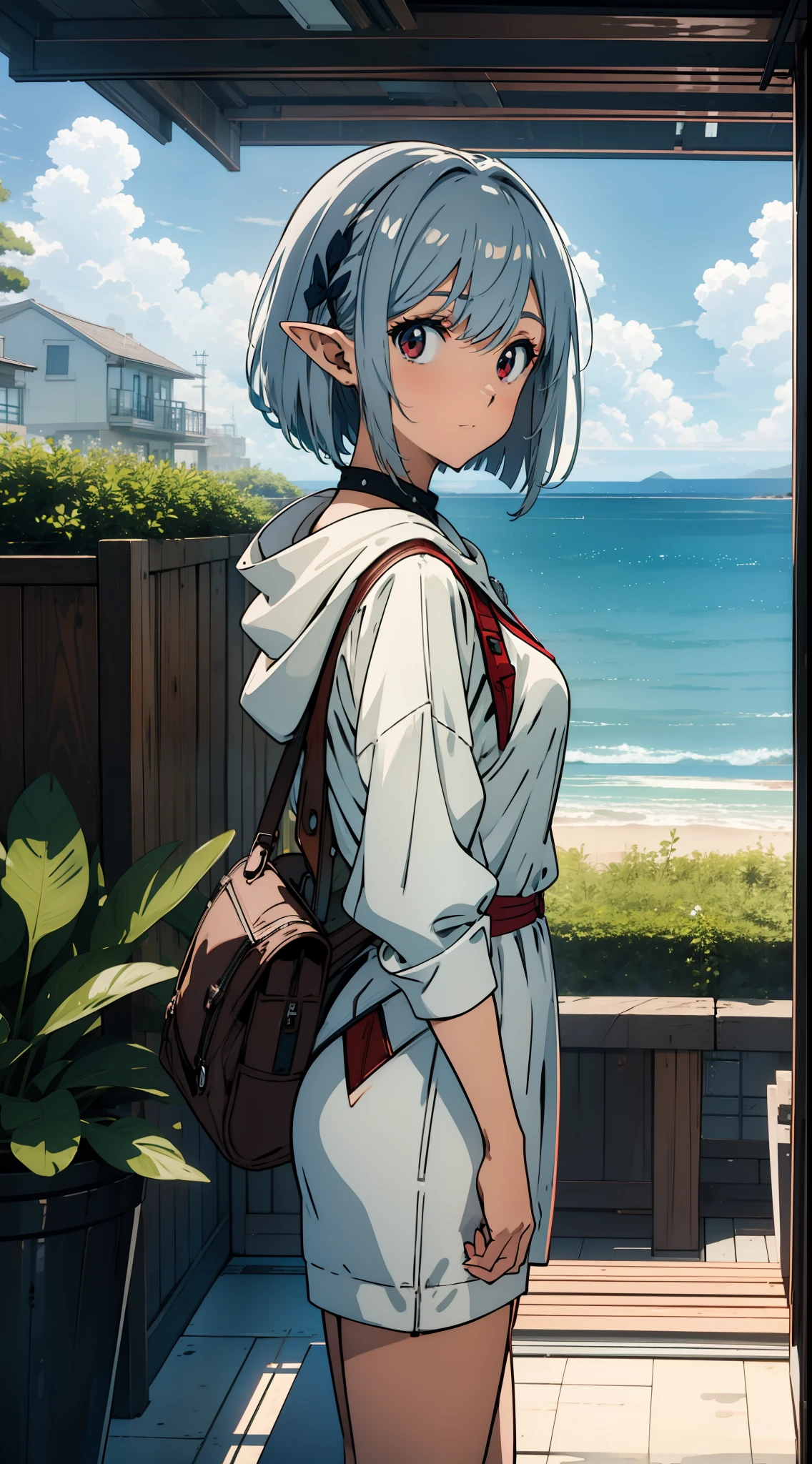 (Masterpiece), (Best Quality), Seaside City, Overlooking the Sea, One Girl Close Up, Swimsuit, Competitive Swimsuit, Hoodie, Elf, Silver Hair, Red Eyes, Bob Cut, Concept Art, Official Art, Beautiful Anime Scene, Beautiful Anime Landscape, Anime Landscape, Top Rated on pixiv