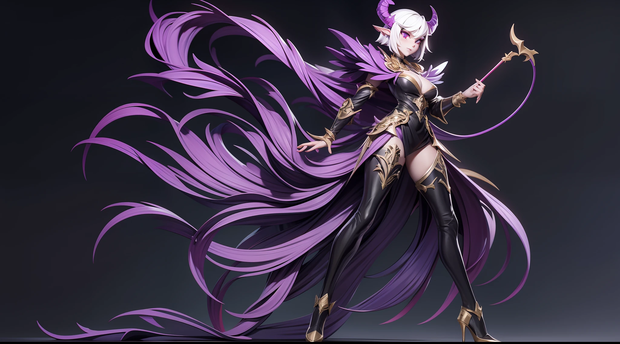 full body picture Unreal Engine 5 8K UHD of beautiful demon women, white short hair, demon queen, fantasy world, shiny black armor with red details, gold accessories, purple demon eyes, black high heels, gold earrings, holding a whip, devil horn, black long glove with arm cuffs and red details, black smoke on left hand, demon wings, demon world, burning effect, best quality, masterpiece