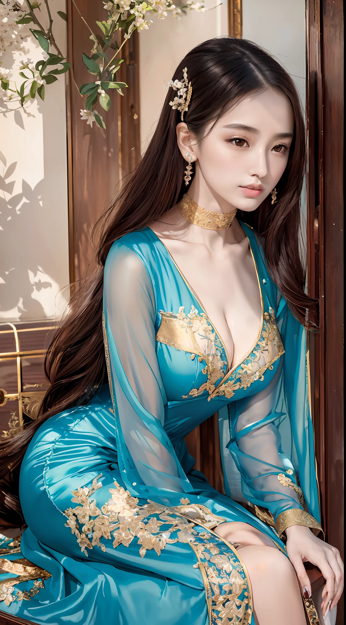 A beautiful girl, literary, beautiful and elegant, with slender eyebrows and clear eyes. Ruddy lips, soft skin, bandeau dress with gold edges, antique long-sleeved dress, stroking posture and waiting posture. Blue sky and quiet courtyard (artistic, elegant, antique, long-sleeved dress, piano gesture)