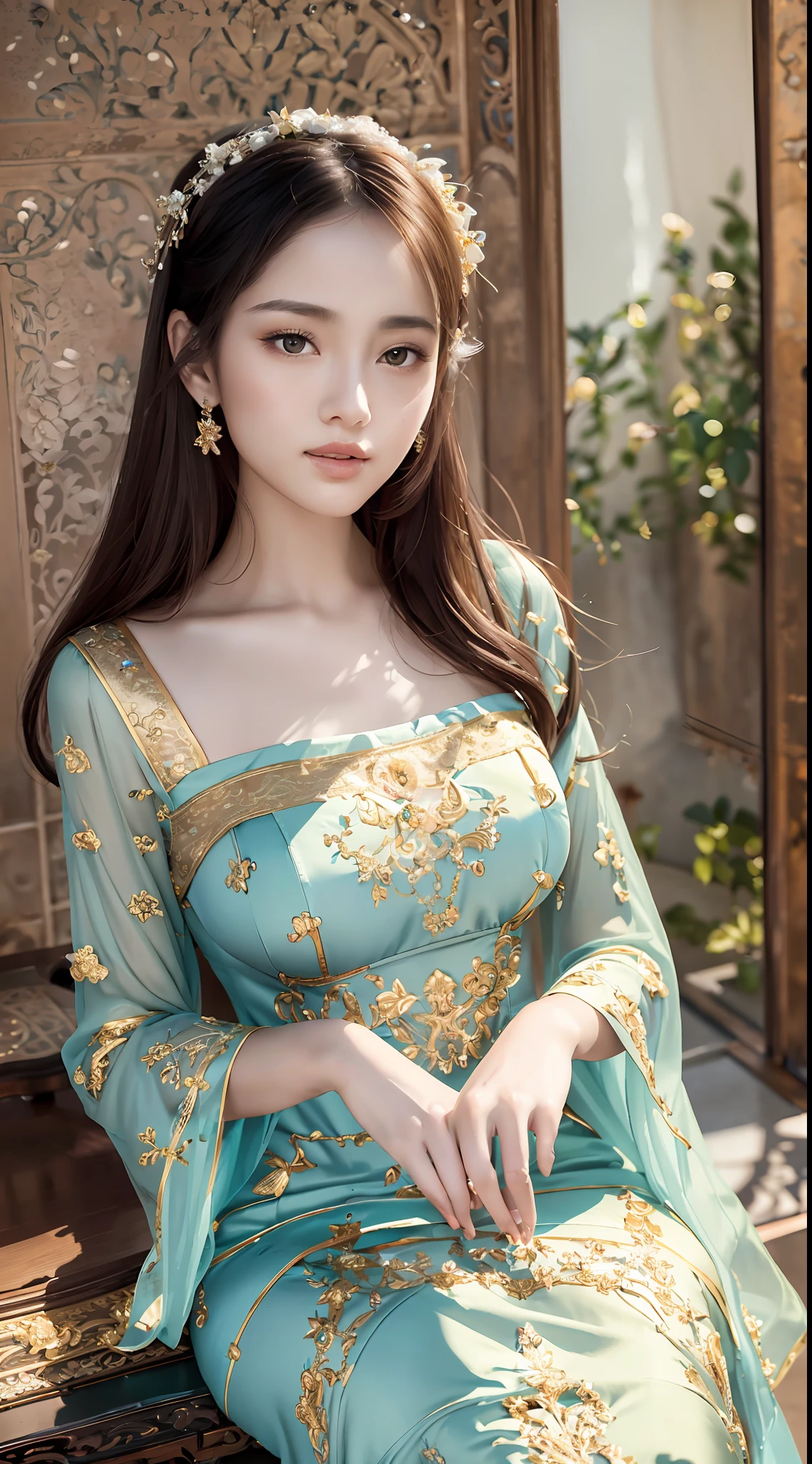 A beautiful girl, literary, beautiful and elegant, with slender eyebrows and clear eyes. Ruddy lips, soft skin, bandeau dress with gold edges, antique long-sleeved dress, stroking posture and waiting posture. Blue sky and quiet courtyard (artistic, elegant, antique, long-sleeved dress, piano gesture)