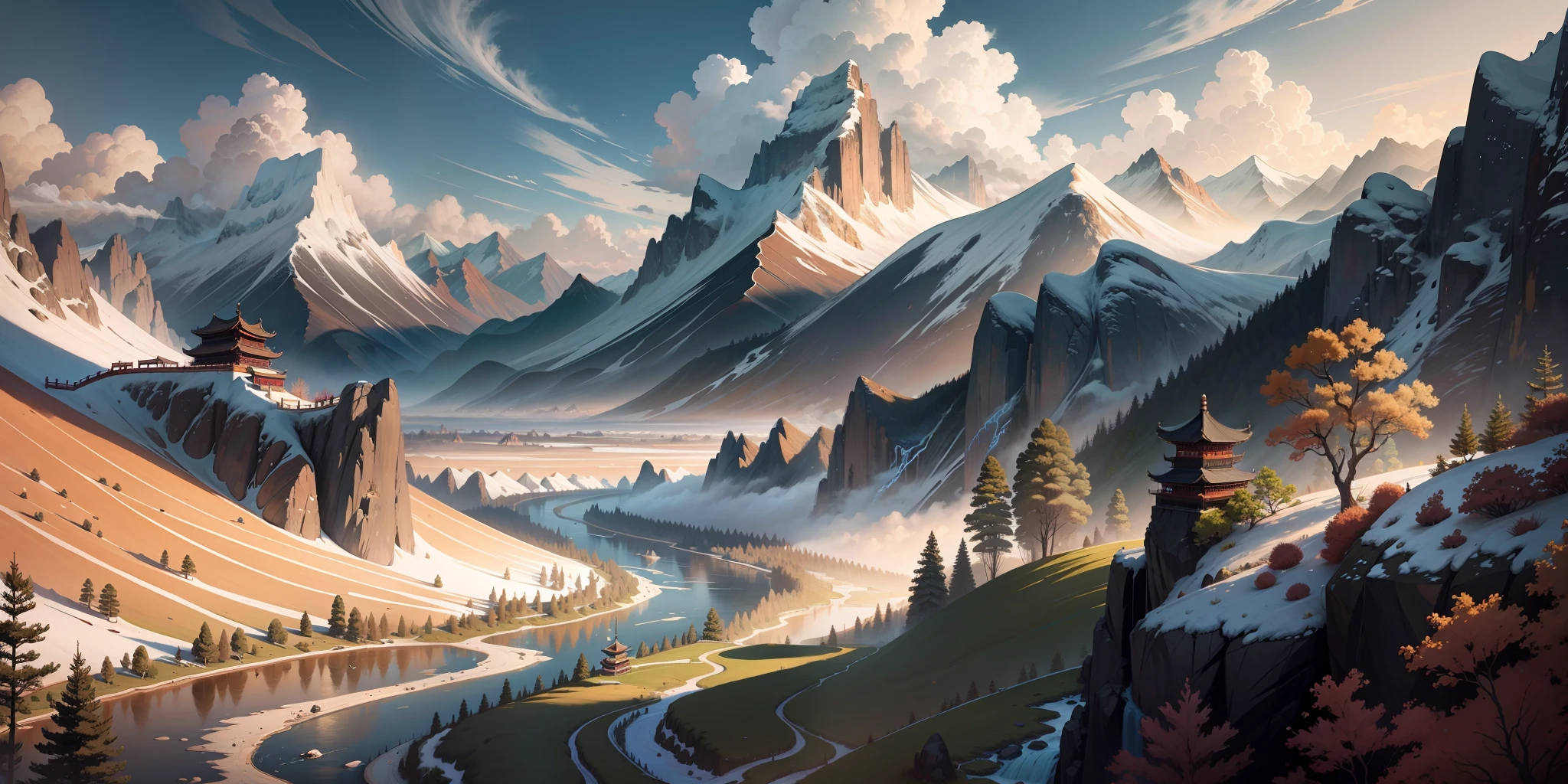 Ancient Chinese landscape, mountains, rivers, auspicious clouds, sunlight, masterpiece, super detail, epic composition, ultra high definition, high quality, extremely detailed, official art, uniform 8k wallpaper, super detail, 32k -- v 6