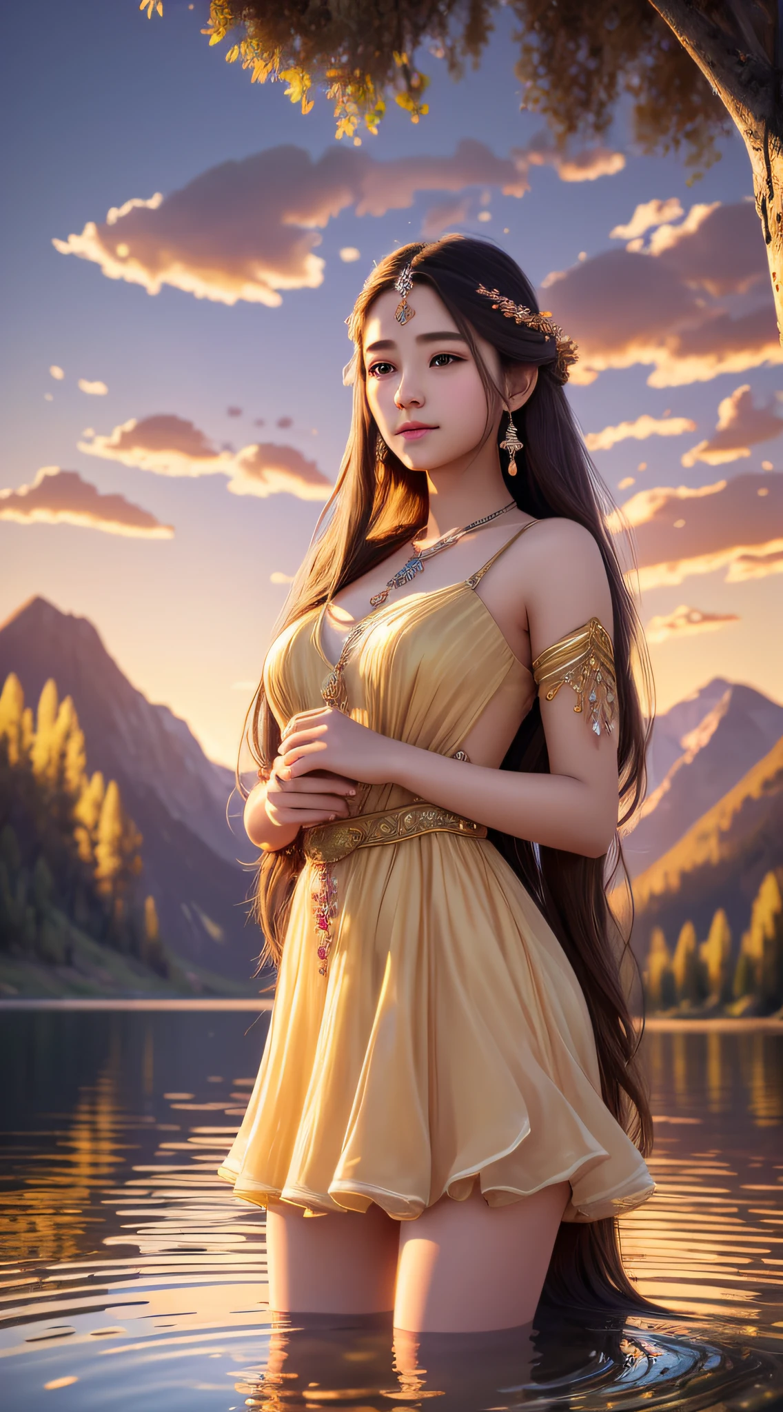 Best quality,masterpiece,ultra-detailed high res,(photorealistic:1.4),raw photo,,illustration,1 girl, serene expression, mesmerizing eyes, straight long hair, flowing dress, poised posture, porcelain skin, subtle blush, crystal pendant BREAK, golden hour, (rim lighting):1.2, warm tones, sun flare, soft shadows, vibrant colors, painterly effect, dreamy atmosphere scenic lake, distant mountains, willow tree, calm water, reflection, sunlit clouds, peaceful ambiance, idyllic sunset, ultra detailed, official art, unity 8k wallpaper,