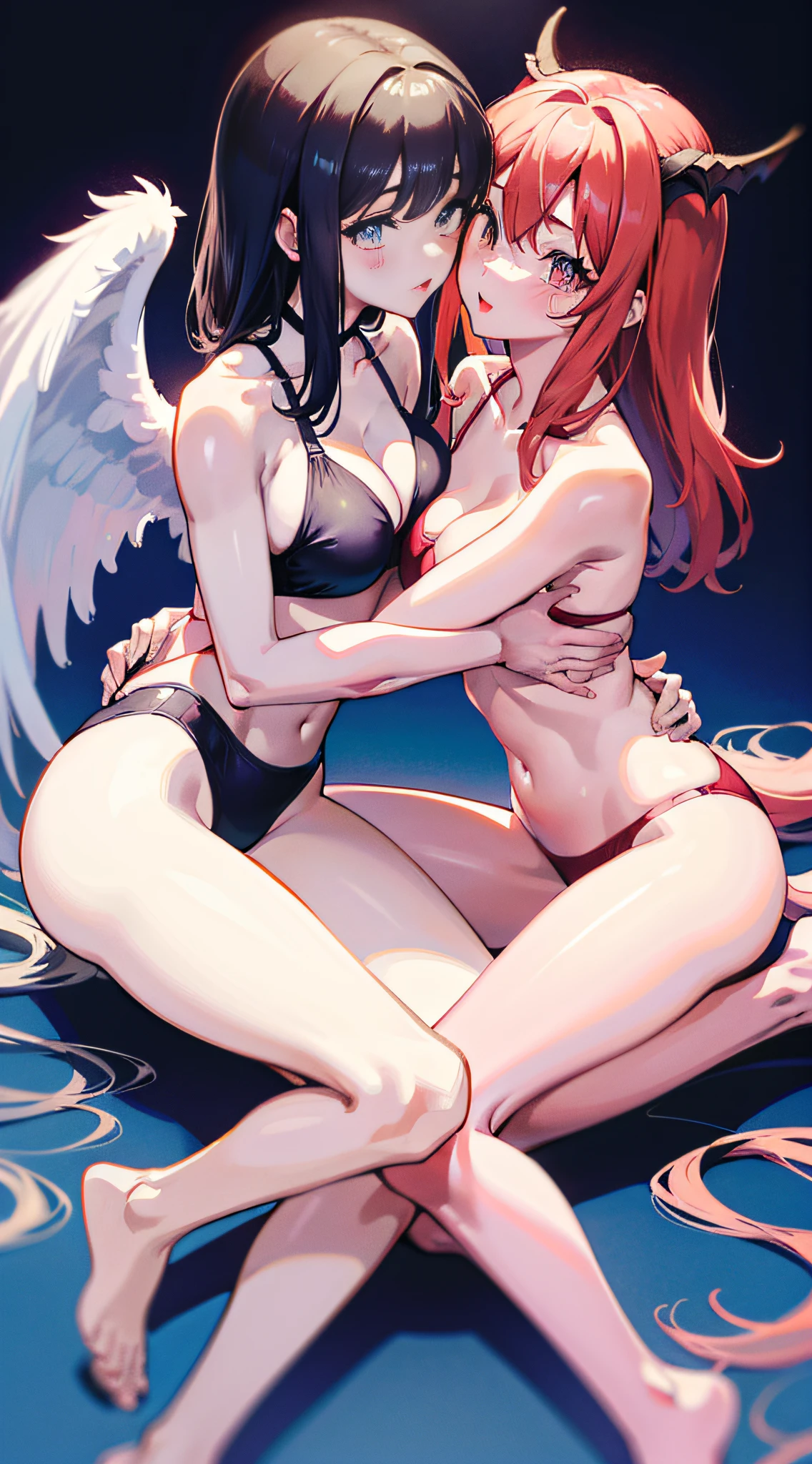 Swimsuit, multi-person sisters, kissing and hugging, young youth, manga style, big, fitted legs, 4K, high resolution, lilies, angels, demons, conjoined people