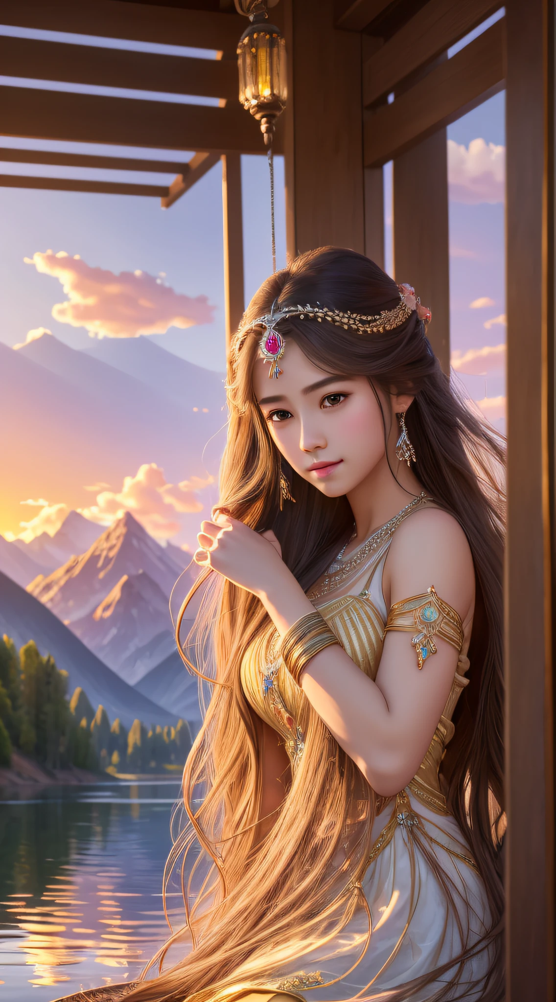 Best quality,masterpiece,ultra-detailed high res,(photorealistic:1.4),raw photo,,illustration,1 girl, serene expression, mesmerizing eyes, straight long hair, flowing dress, poised posture, porcelain skin, subtle blush, crystal pendant BREAK, golden hour, (rim lighting):1.2, warm tones, sun flare, soft shadows, vibrant colors, painterly effect, dreamy atmosphere scenic lake, distant mountains, willow tree, calm water, reflection, sunlit clouds, peaceful ambiance, idyllic sunset, ultra detailed, official art, unity 8k wallpaper,