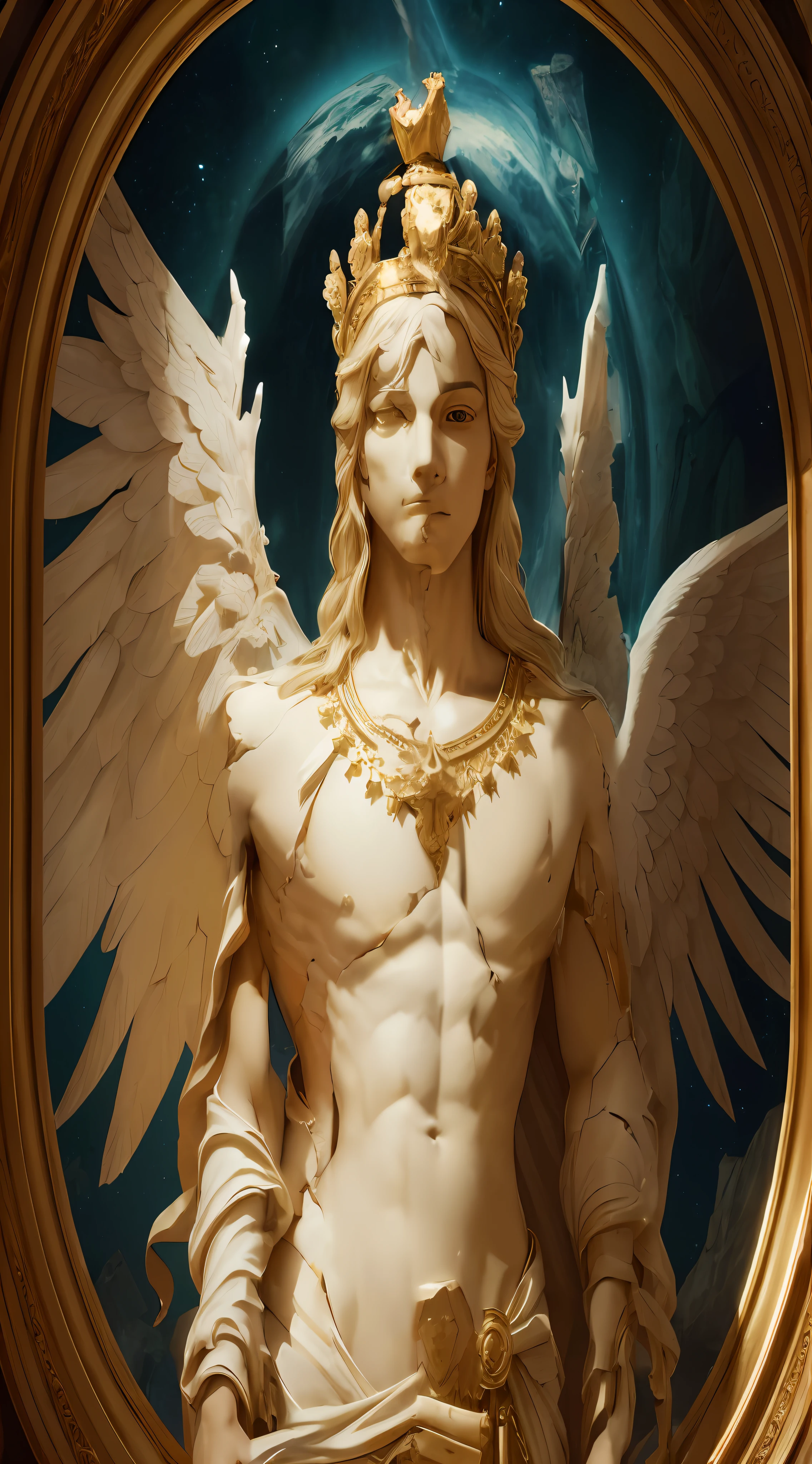 (extremely detailed CG unity 8k wallpaper, masterpiece, best quality, statue with cracked texture, ceramic material, details in closeup broken of Arfed full body, man with crown and wings, broken like a vase if porcelain all over the body of the angel