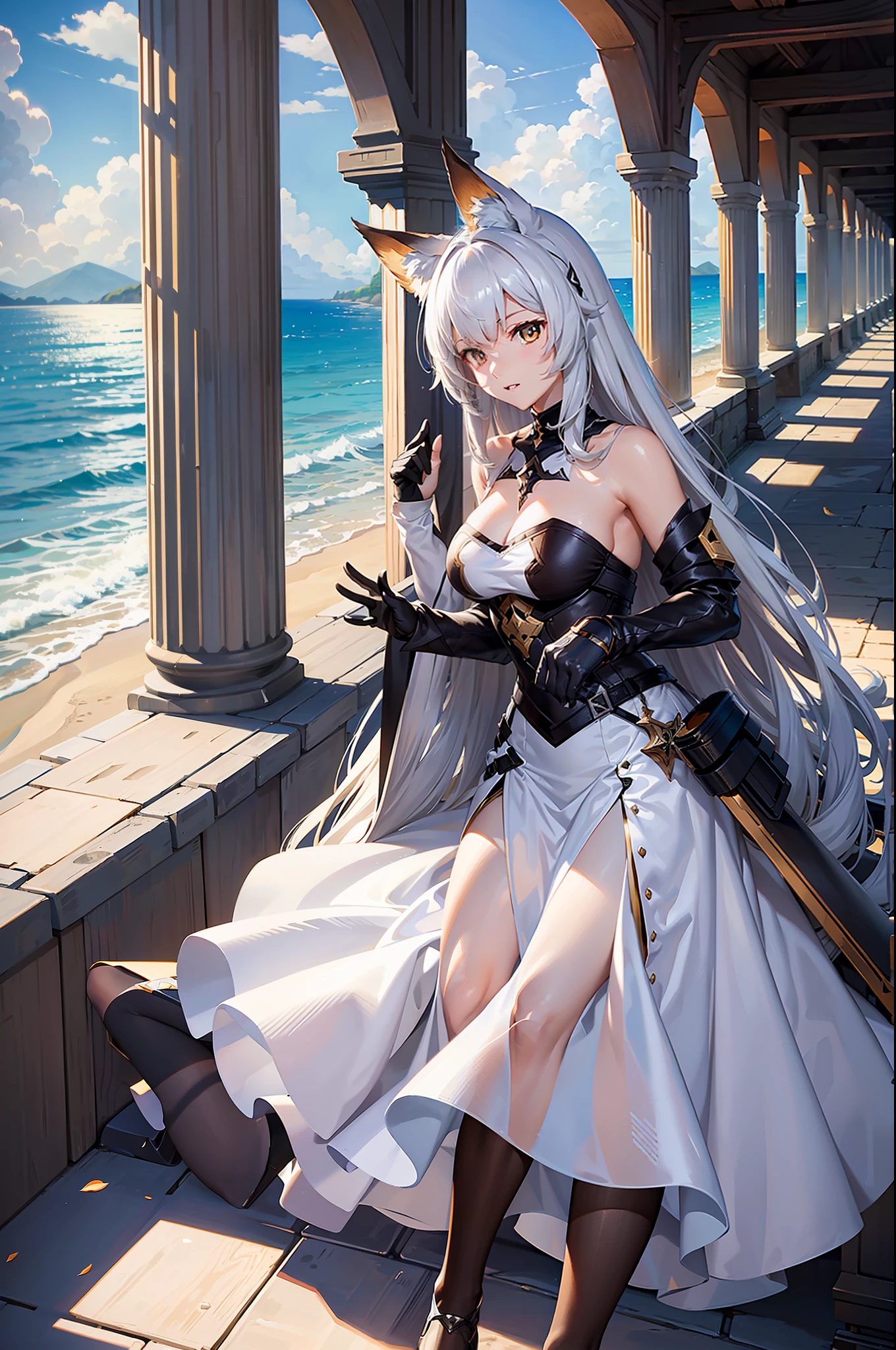 (Masterpiece: 1.05), (Best Quality: 1.15), Amazing, Solo, (Arknights: 1.08), (Cygames: 1.03), A Beautiful Woman, Nine Fox Tails, Fox Ears, Perfect Female Upper Body, White Dress, Black Stockings, Black Gloves, Bare Shoulders, Looking at Viewer, (Beach background.) :1.05)