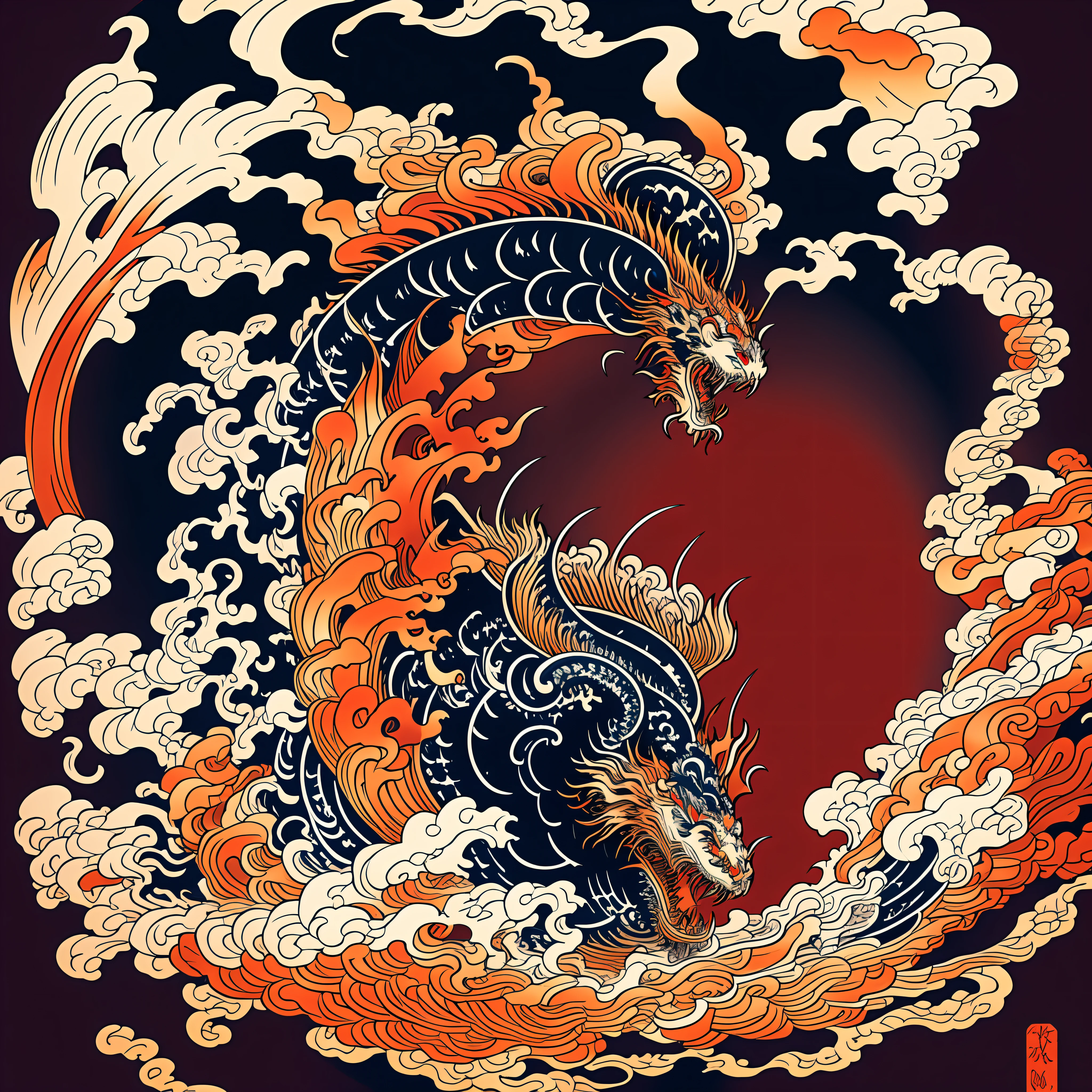 Katsushika Hokusai-style line art design, Hokusai-style dark red, vermilion flame pattern design. Dragon in the shape of a giant flame, in the best quality, masterpiece high resolution ukiyo-e style. Artistic style, 1:1, ukiyo-e style, 3D vector art, Adobe Illustrator, 4K resolution, gorgeous backgrounds only