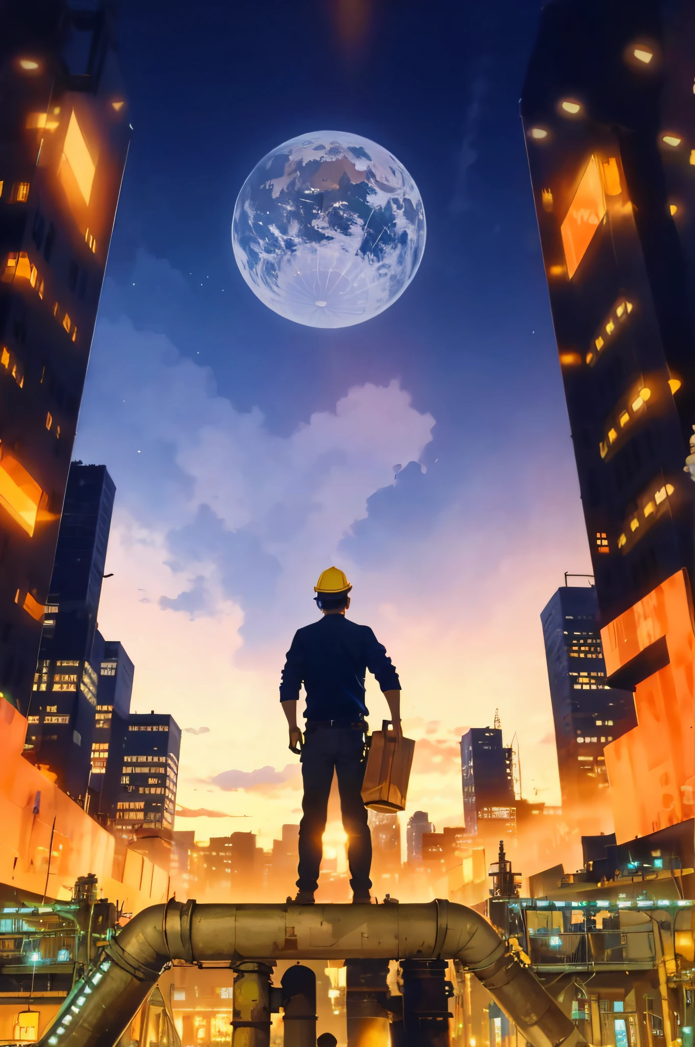 A male worker standing on pipe, factory, pipe, city at night, lights, brightly lit, high resolution, super detailed, break prime time, edge lighting, warm tones, sun flare, soft shadows, vivid colors, hazy light, painting effect, fantastic atmosphere break Fauvist art, raw concrete, geometric forms, architectural sculpture, bold textures, industrial aesthetics, plain surfaces BREAK, historical events, cultural heritage, past eras, important milestones, Ancient artifacts, timeless stories