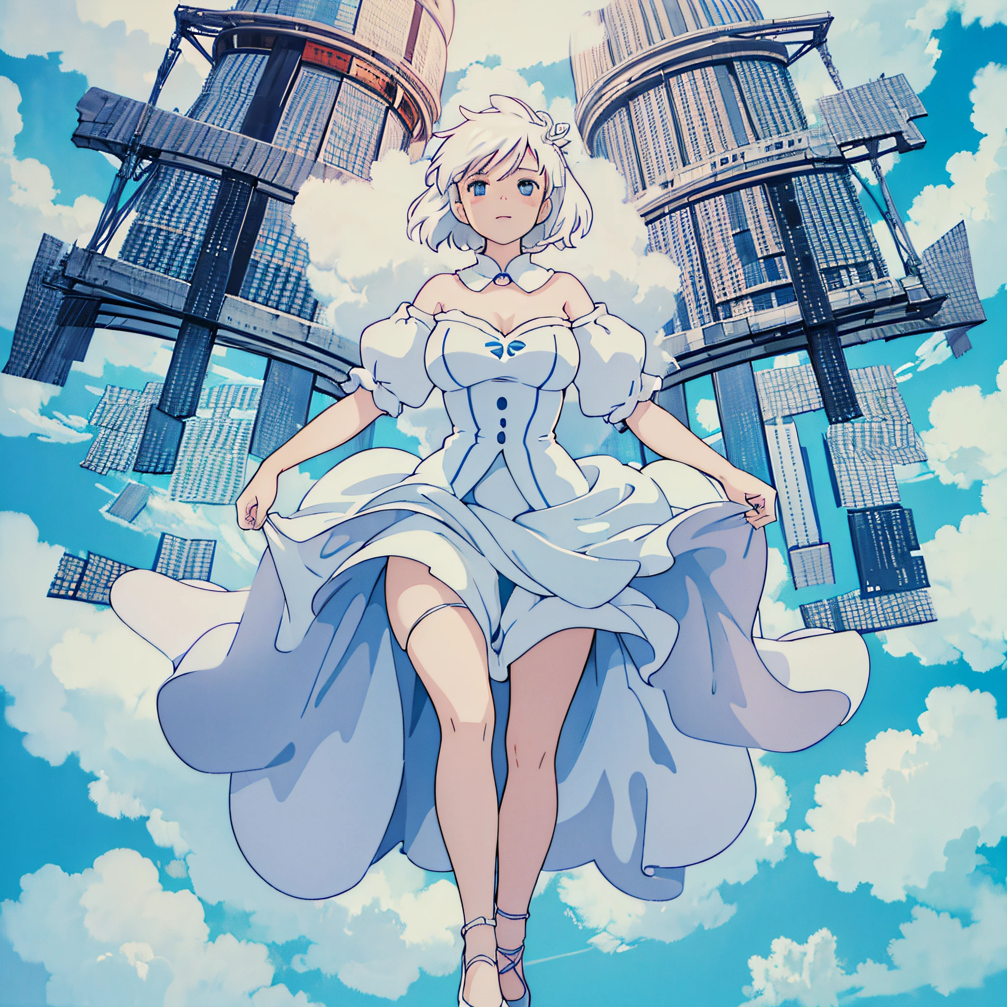 (emphasized breast))) masterpiece, top quality, movie stills, one girl, floating in the sky, cloud girl, clouds, bright, happy, fun, soft lighting, (Bauhaus, big breasts, shapes, lines, abstract), white bride costume, white high heels --auto --s2