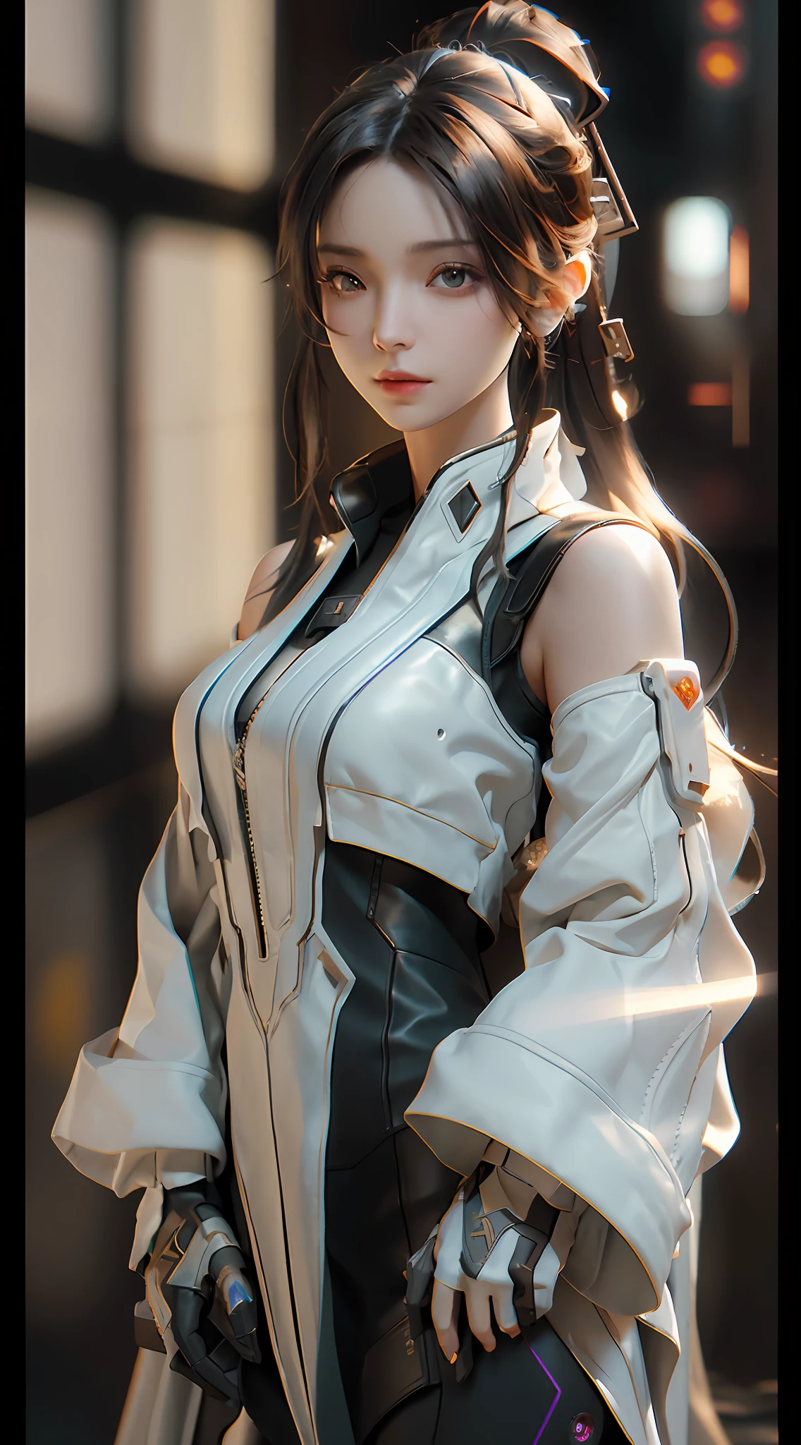 ((Best quality)), ((masterpiece)), (detailed:1.4), 3D, an image of a beautiful cyberpunk female,HDR (High Dynamic Range),Ray Tracing,NVIDIA RTX,Super-Resolution,Unreal 5,Subsurface scattering,PBR Texturing,Post-processing,Anisotropic Filtering,Depth-of-field,Maximum clarity and sharpness,Multi-layered textures,Albedo and Specular maps,Surface shading,Accurate simulation of light-material interaction,Perfect proportions,Octane Render,Two-tone lighting,Wide aperture,Low ISO,White balance,Rule of thirds,8K RAW,