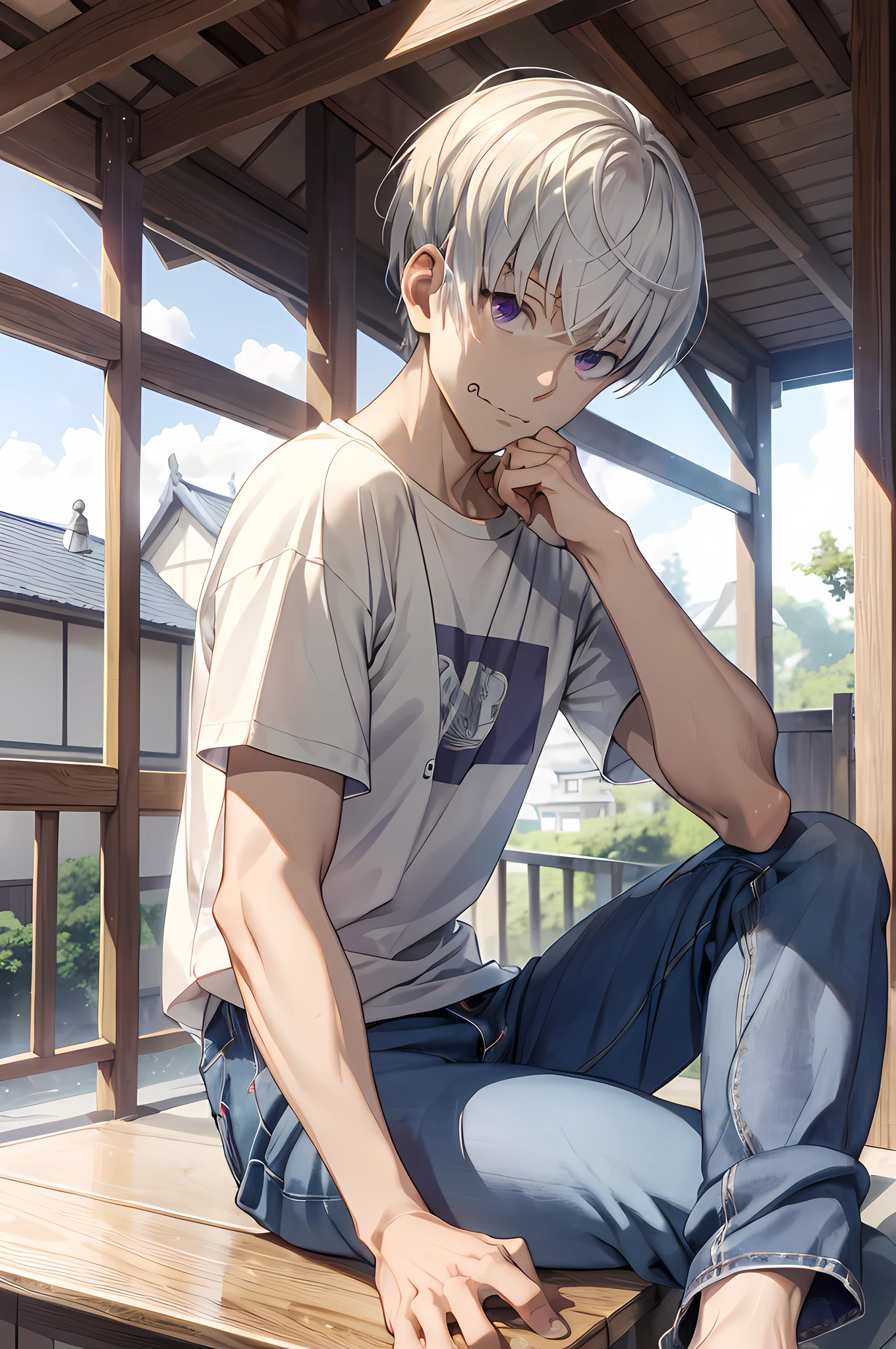 (absurdres, highres, ultra detailed, HDR), masterpiece, best quality, inumaki toge, 1man, solo, handsome, short hair, white hair, facial mark, closed mouth, small hands, loosen t-shirt, jeans, sitting, japanese style, house, from side, look at viewer