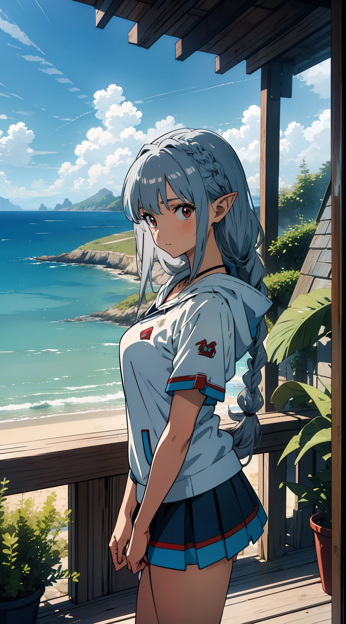 (Masterpiece), (Top Quality), Seaside City, Overlooking the Sea, Close Up of One Girl, Swimsuit, Bikini, Hoodie, Elf, Silver Hair, Red Eyes, Braid, Concept Art, Official Art, Beautiful Anime Scene, Beautiful Anime Landscape, Anime Landscape, Top Rated on pixiv