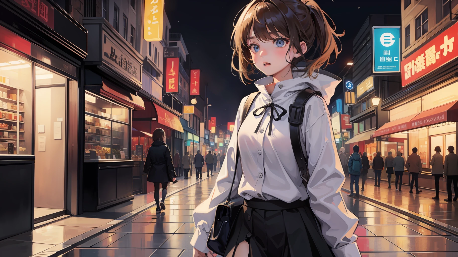 At night, a girl walks down the street with a panicked expression