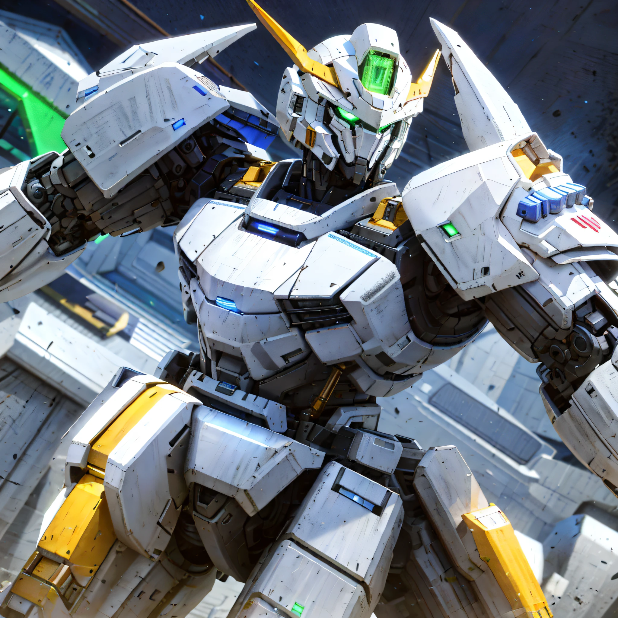 a robot, best quality, highly detailed, ultra-detailed, masterpiece, 8k wallpaper, white theme, green eyes, bad anatomy, absurdres, highres, super fine illustration, absurdres, solo, game cg, lord,at night, (blacklight:1), (detailed beautiful face and eyes:1), command spell,mecha musume,mask,mechanical parts, robot joints, full armor
