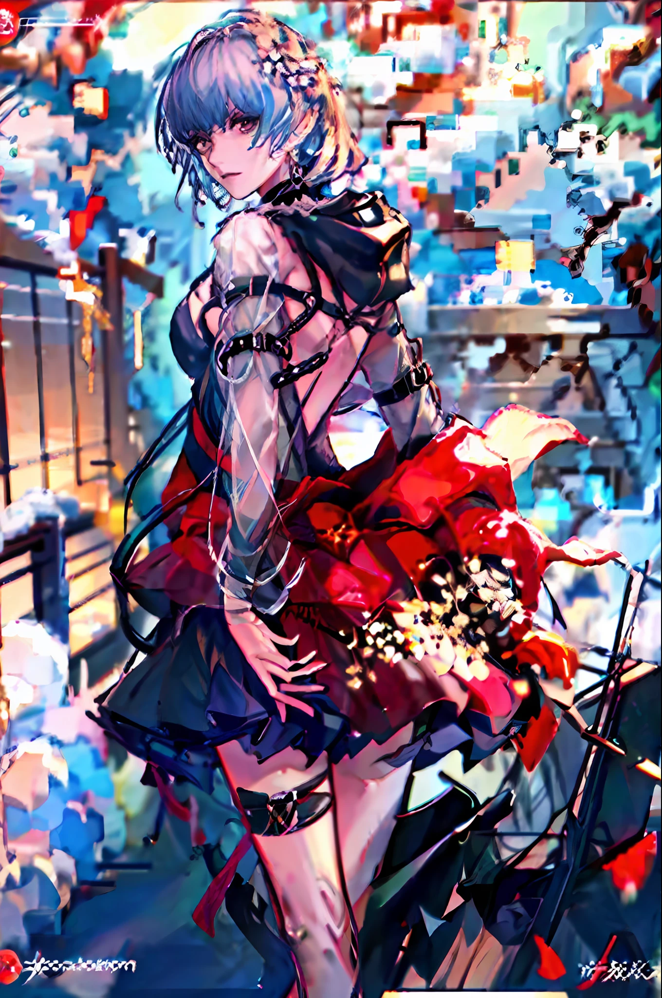 1 girl, jacket, sexy, cool, rain, outdoors, moonlight, ass, de s, hoodie, open jacket, chain, backpack, look at another, mature, messy hair, short hair, trending on artStation, 8k resolution, very detailed and anatomically correct, sharp images, digital painting, concept art, Trending on pixiv, Makoto Shinkai's style,