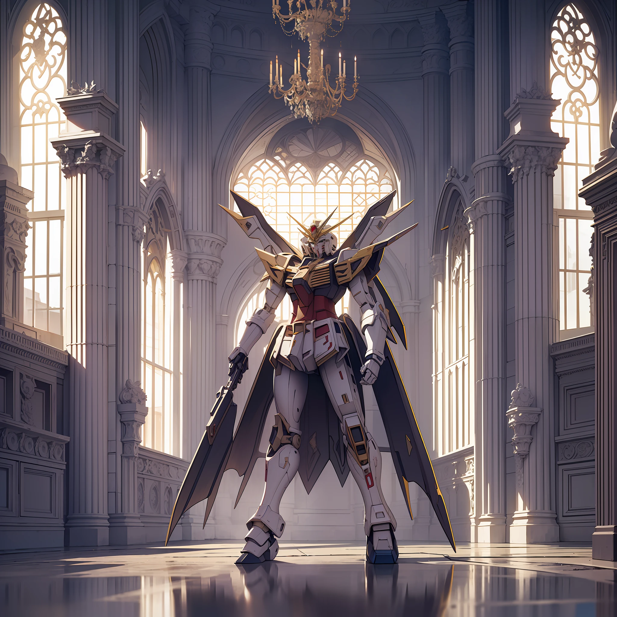 Masterpiece, best quality, 8K, poster, elegant armed gundam, palace interior, elegant 1.7, armed 1.6, pompous, gorgeous