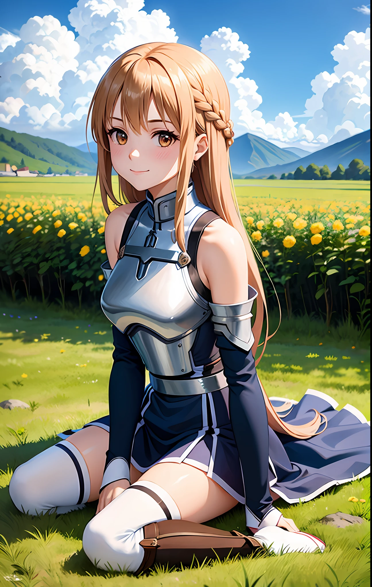 1girl, armor, asuna_\(sao\), bangs, bare_shoulders, blue_sky, blush, boots, braid, breastplate, breasts, brown_eyes, closed_mouth, cloud, cloudy_sky, day, detached_sleeves, grass, hair_between_eyes, long_hair, looking_at_viewer, mountain, outdoors, rock, sitting, skirt, sky, smile, solo, thighhighs, very_long_hair