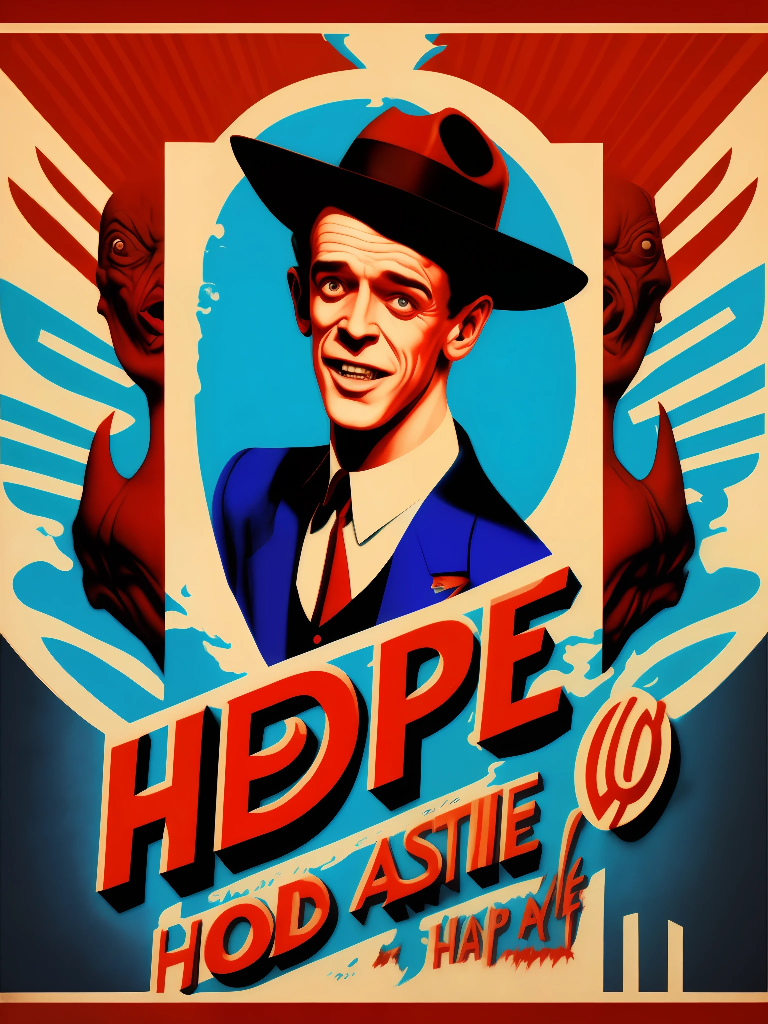 a man and a demon next to each other in the red and blue style of Fred Astaire's hope poster