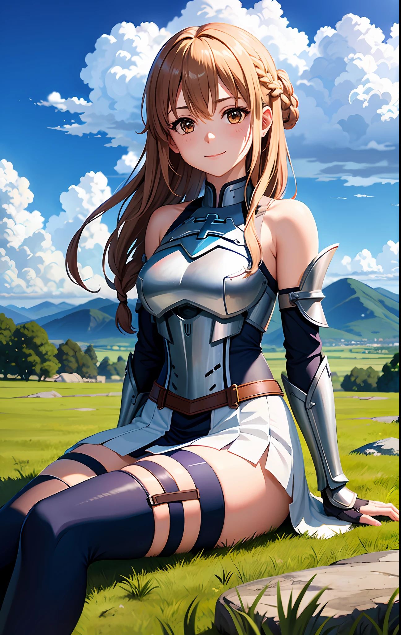 1girl, armor, asuna_\(sao\), bangs, bare_shoulders, blue_sky, blush, boots, braid, breastplate, breasts, brown_eyes, closed_mouth, cloud, cloudy_sky, day, detached_sleeves, grass, hair_between_eyes, long_hair, looking_at_viewer, mountain, outdoors, rock, sitting, skirt, sky, smile, solo, thighhighs, very_long_hair