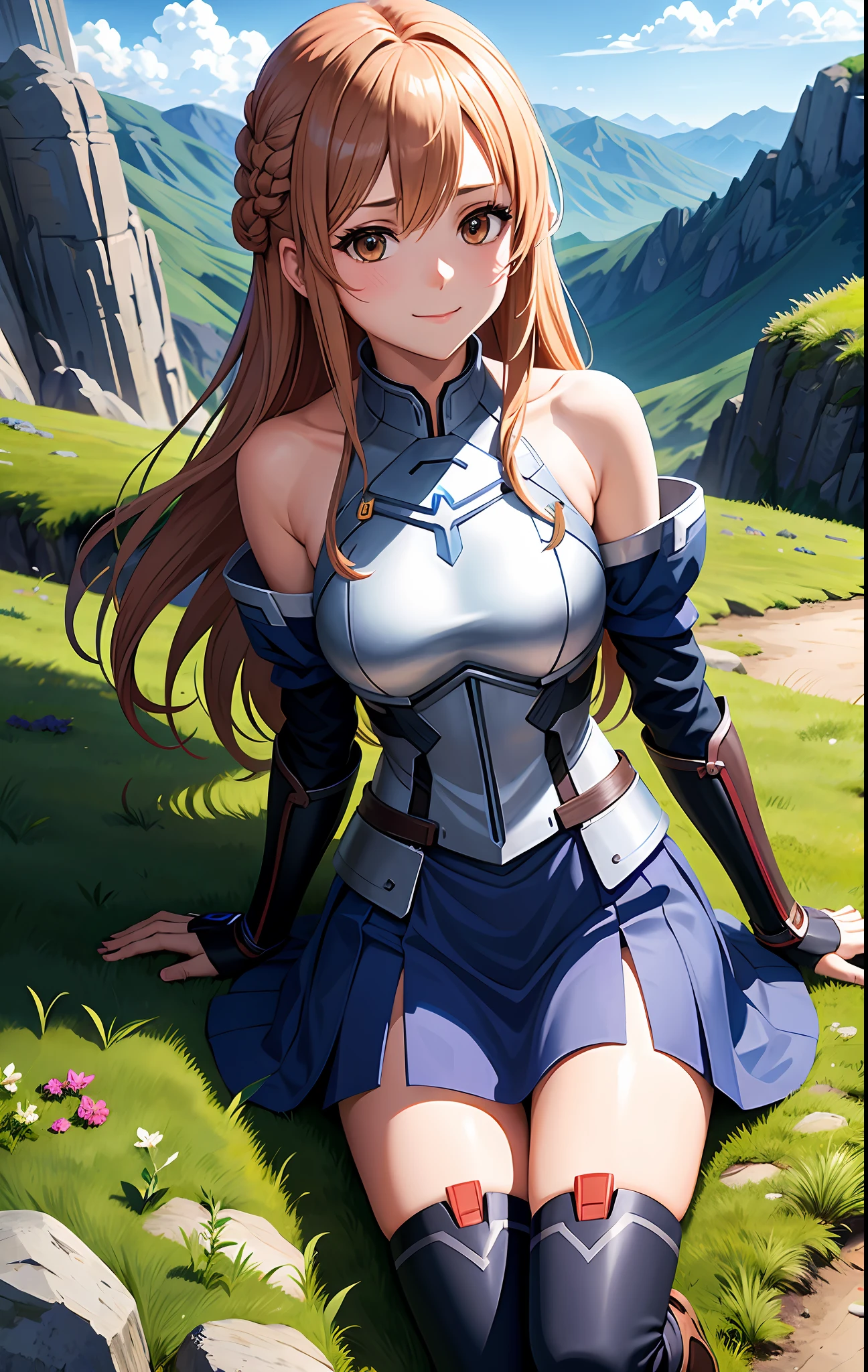 1girl, armor, asuna_\(sao\), bangs, bare_shoulders, blue_sky, blush, boots, braid, breastplate, breasts, brown_eyes, closed_mouth, cloud, cloudy_sky, day, detached_sleeves, grass, hair_between_eyes, long_hair, looking_at_viewer, mountain, outdoors, rock, sitting, skirt, sky, smile, solo, thighhighs, very_long_hair