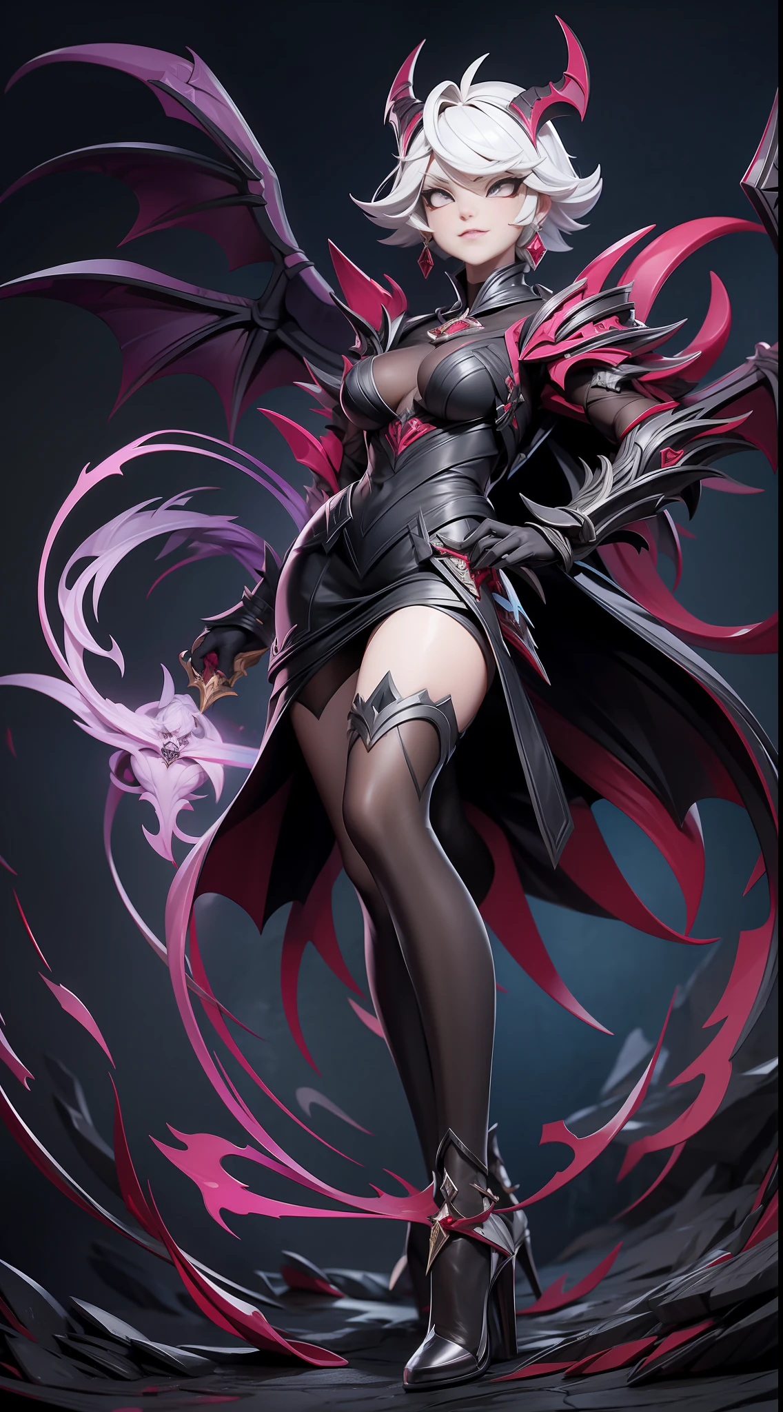 full body picture Unreal Engine 5 8K UHD of beautiful demon women, white short hair, demon queen, fantasy world, shiny black armor with red details, gold accessories, purple demon eyes, black high heels, gold earrings, holding a whip, devil horn, black long glove with arm cuffs and red details, black smoke on left hand, demon wings, demon world, burning effect, best quality, masterpiece