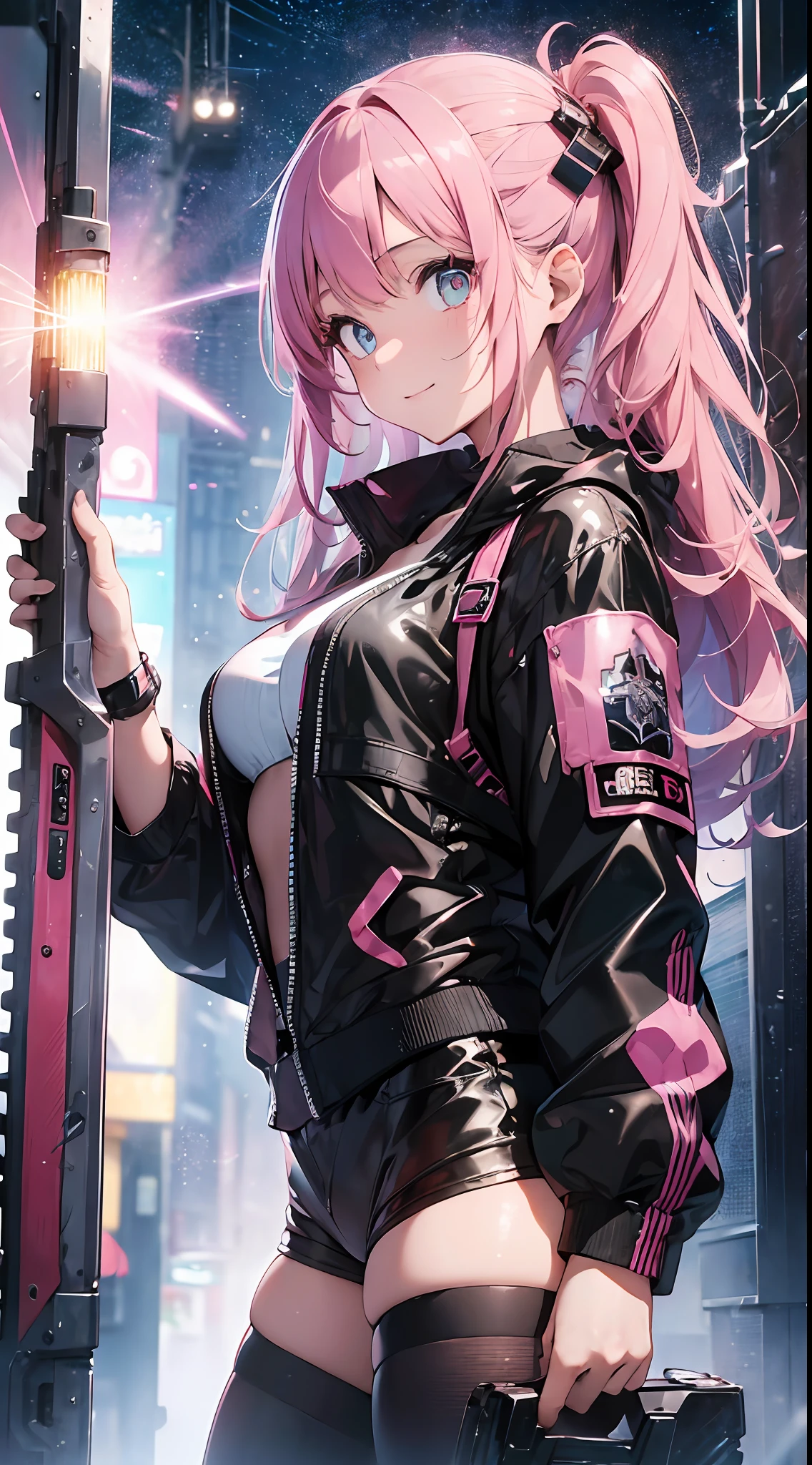 ((((masterpiece))), seen from the side (ultra-detailed, top quality, high resolution, 8k wallpapers, beautiful clothes,)), whole body (one girl) (pink hair, long hair, straight hair, both sides up)) (green eyes)), eyeshadow, eyeliner, glowing eyes, ultra-detailed eyes, complex eyes, beautiful eyes, (shining pink pupils)) 18-year-old girl. Wearing a transparent jacket made of PVC material. Smiling face. Huge cool chainsaw in hand, huge cool weapon machine, mech, mechanic, machine, open stance (black background)