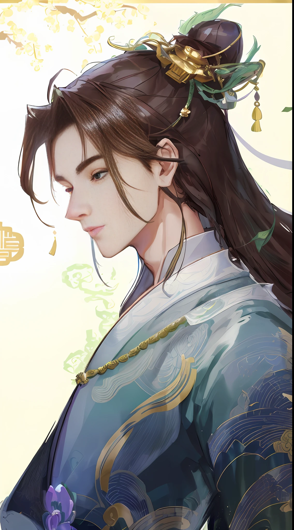 Handsome man on the side of handsome boy in ancient Chinese style, fairy air fluttering, gold material Chinese panlong headdress decoration, emerald sapphire decorative material, handsome, slender, beautiful face, gentle eyes, slender, green flowing hair, bust, Tang dynasty robe with dragon pattern pattern, exquisite details, ink style, ancient Chinese green dragon landscape decoration, green tone