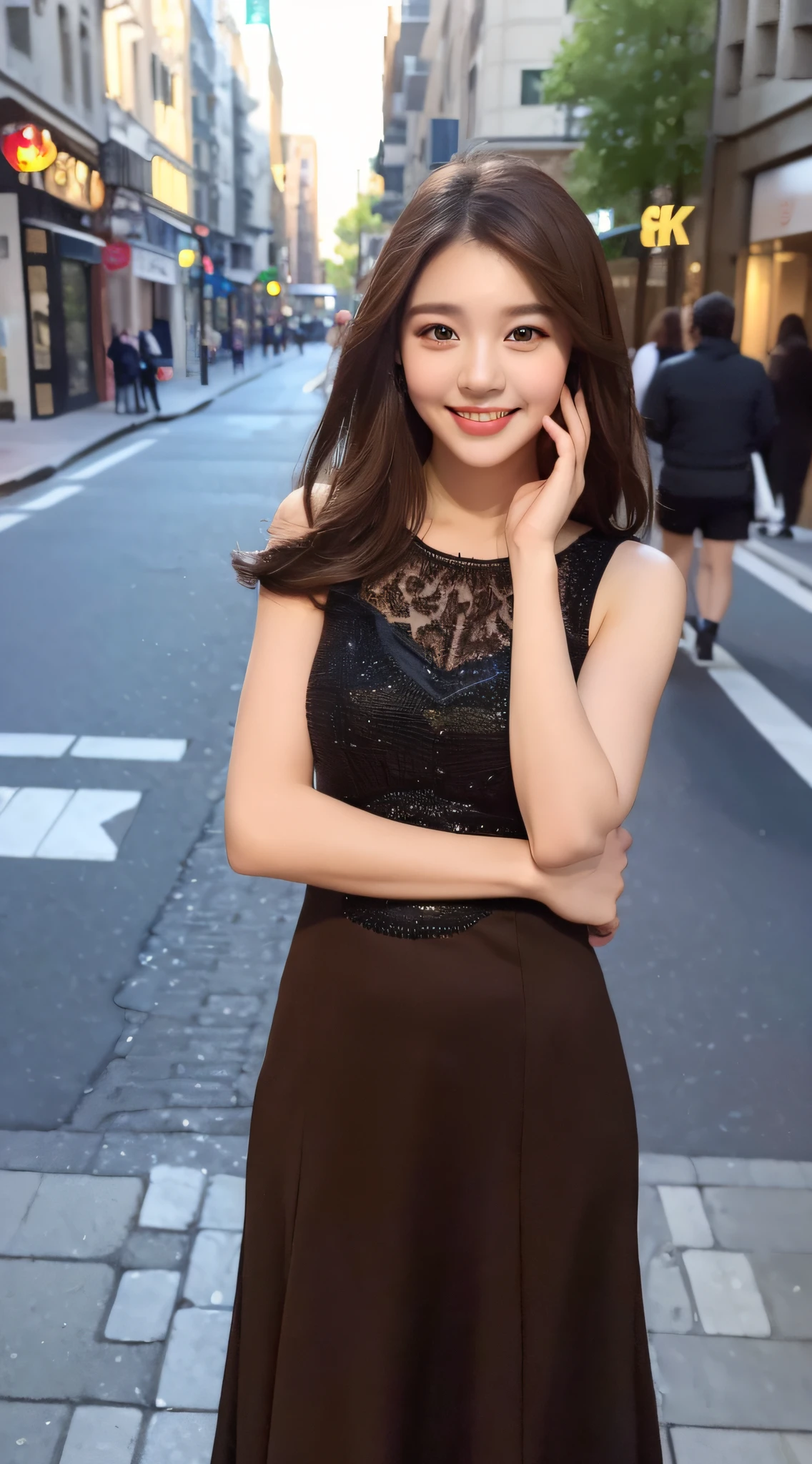 ((Best quality, 8k, Masterpiece :1.3)), 1girl, smiling, full body, slim face, Pretty woman, (Dark brown hair), full length dress :1.1, Ultra-detailed face, Detailed eyes, Double eyelid, blur background, slim face, city, outside, street,
