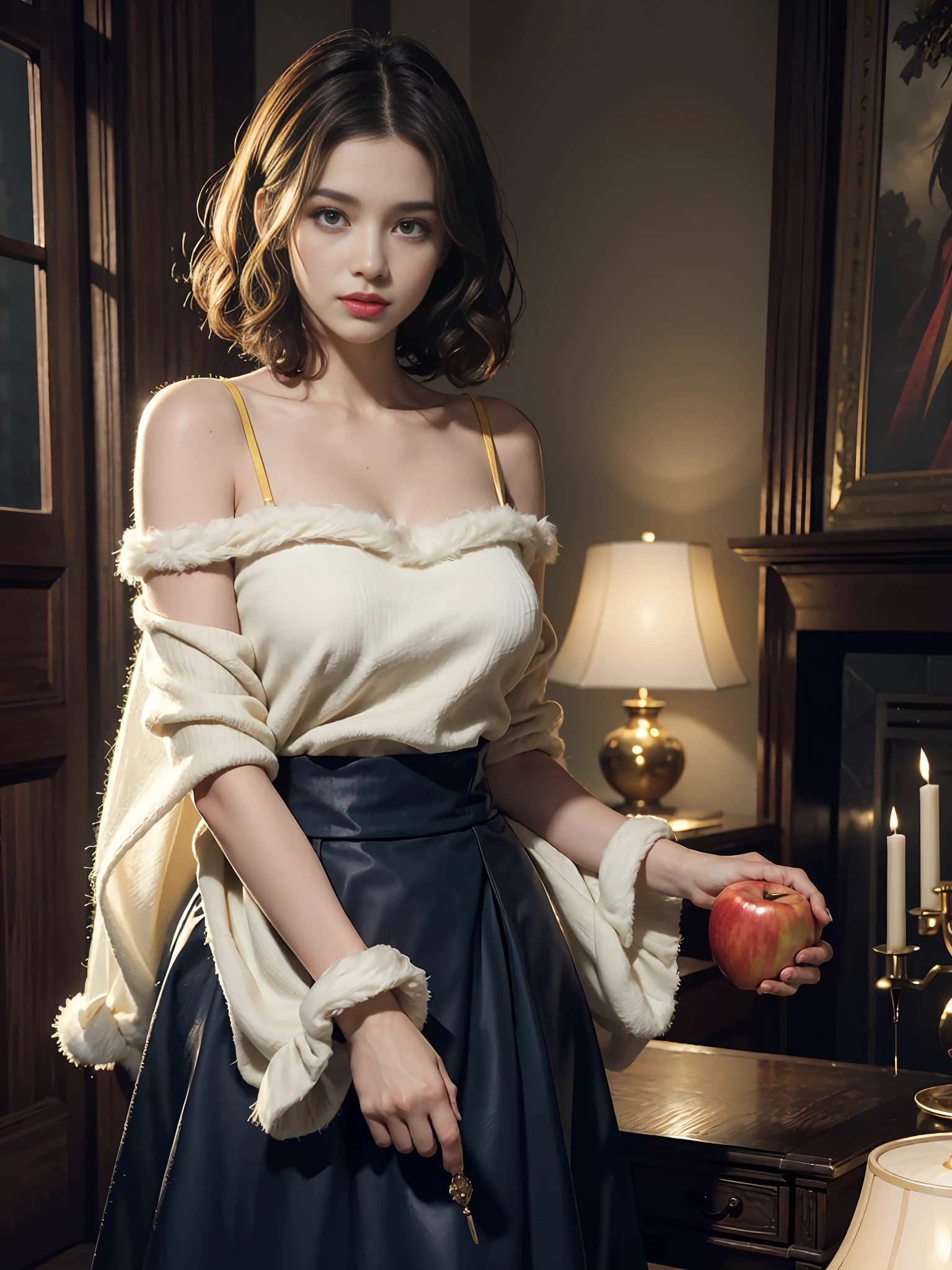 Extremely beautiful Snow White, subtle makeup, golden time, realistic, high contrast, 8k HD, detailed, ultra-detailed, (curly Bob short brunette hair), realistic skin texture, room, best quality, super high resolution, original photos, dramatic lighting, Unreal Engine, diffuse glow, (blue fluffy sleeve top: 1.1), yellow skirt: 1.1), (catch poisonous red poison apple), realistic detailed castle, fair girl, romance, magic and witches, dark story